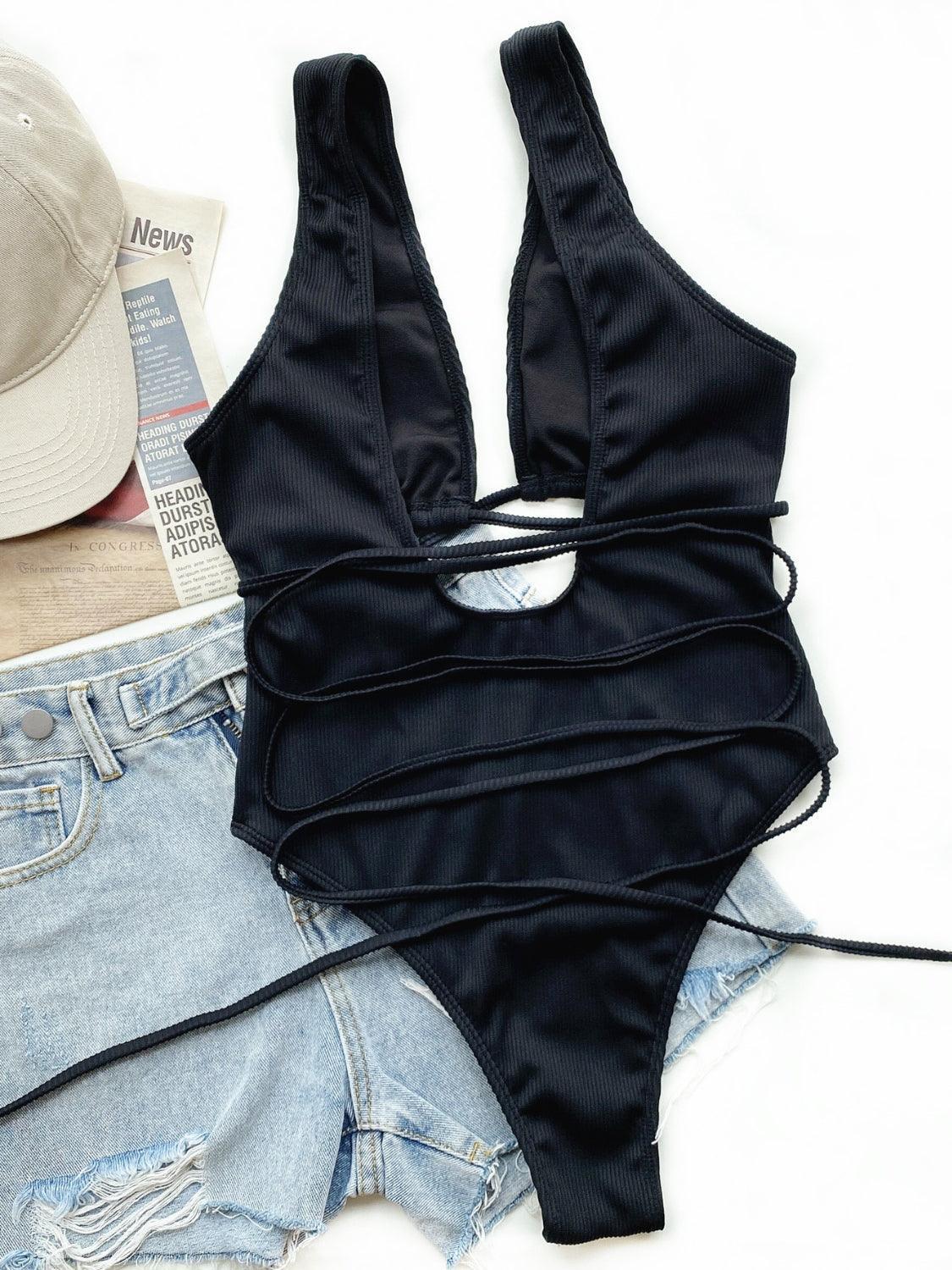 Ribbed Lace Up One-Piece Swimsuit - ClubOn