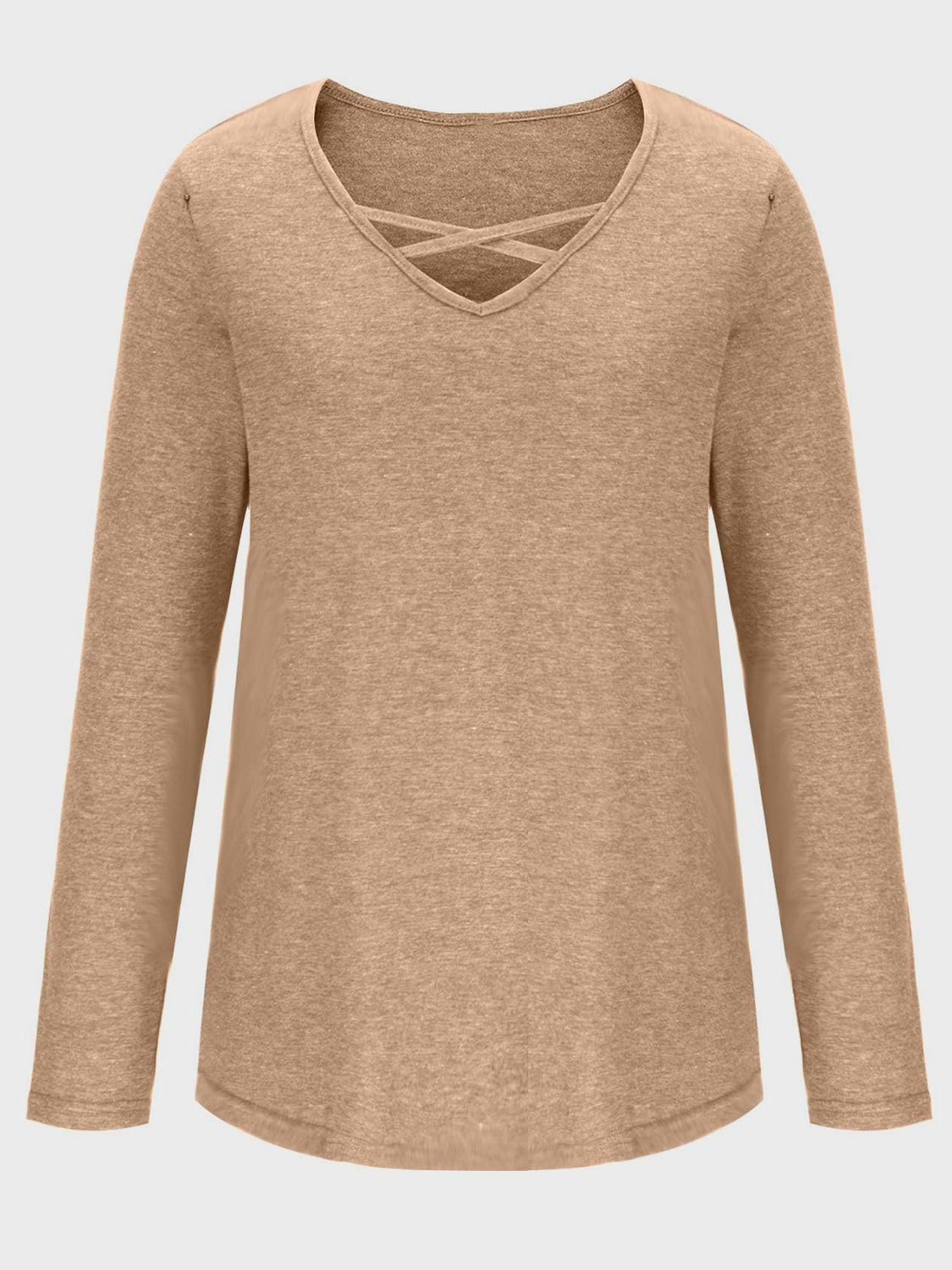 Crisscross V-Neck Long Sleeve T-Shirt - ClubOn