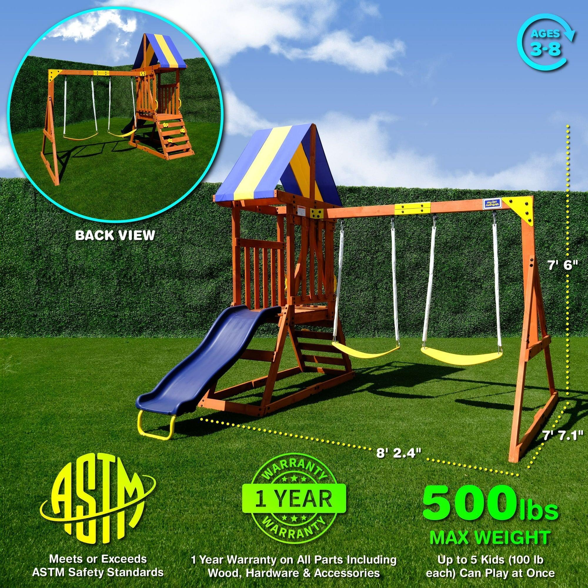 Sportspower My First Wood Swing Set – 2 Swings, Rock Climber, 6' Double Wall Slide, Lifetime Warranty – Outdoor Playground for Kids - ClubOn