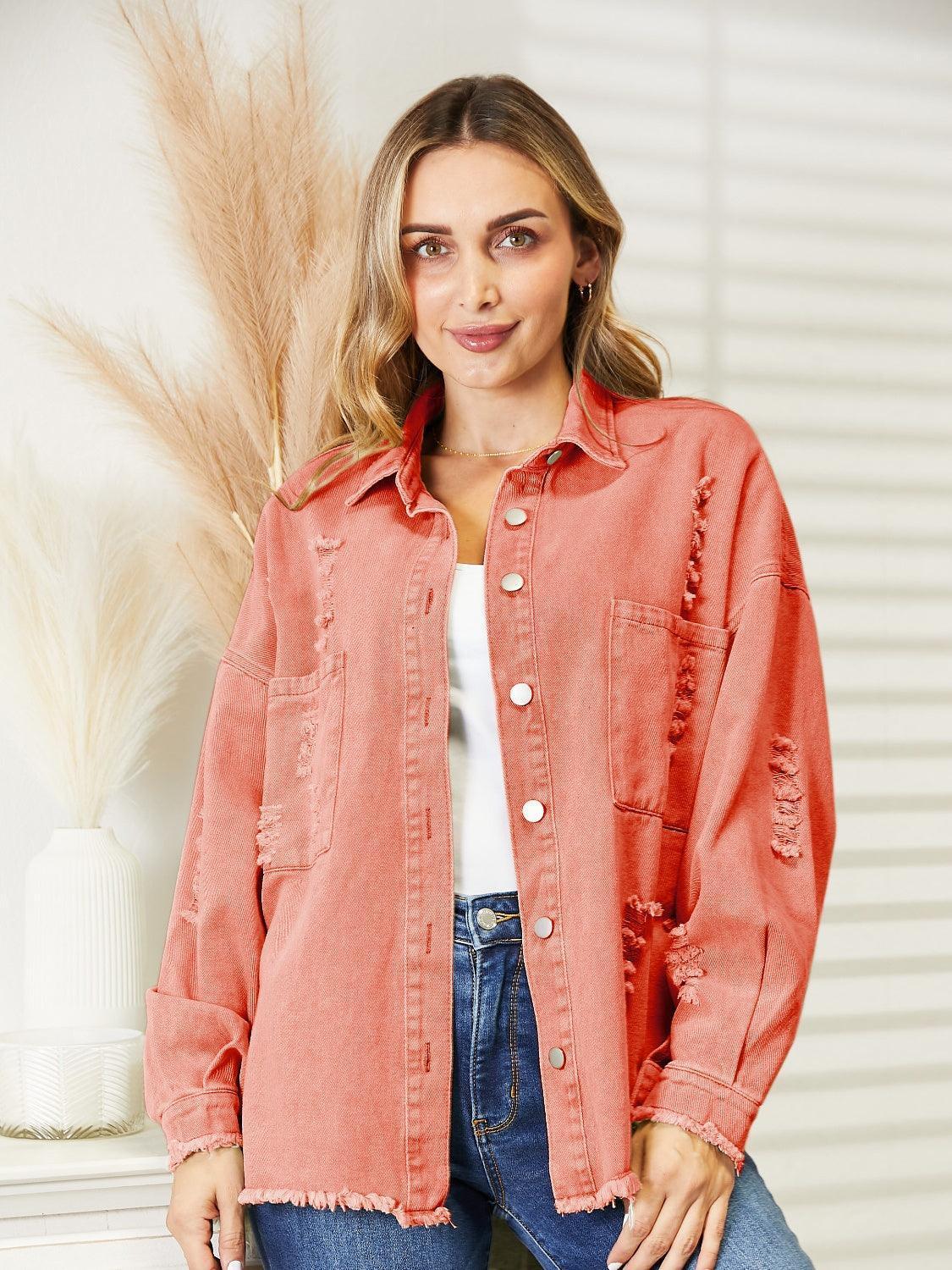 Distressed Raw Hem Denim Jacket - ClubOn