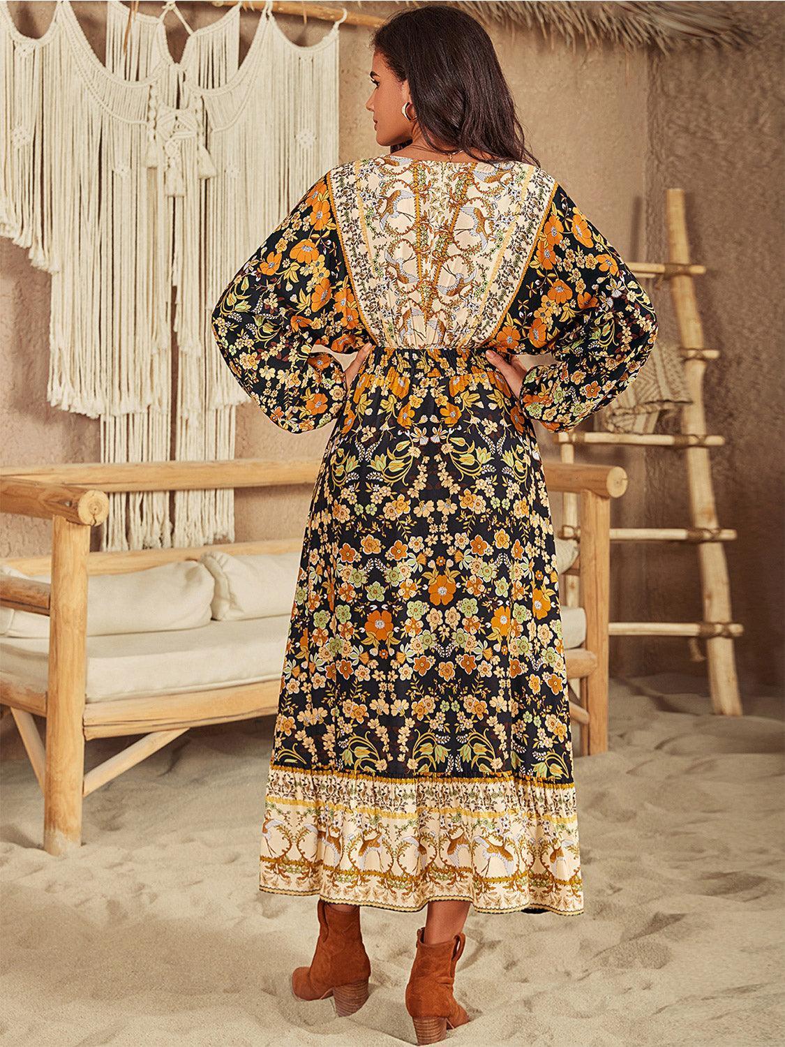 V-Neck Smocked Balloon Sleeve Dress - ClubOn