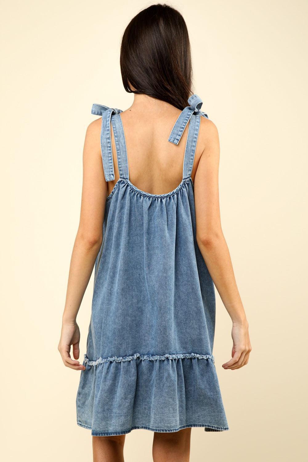 VERY J Shoulder Tie Washed Denim Mini Dress - ClubOn