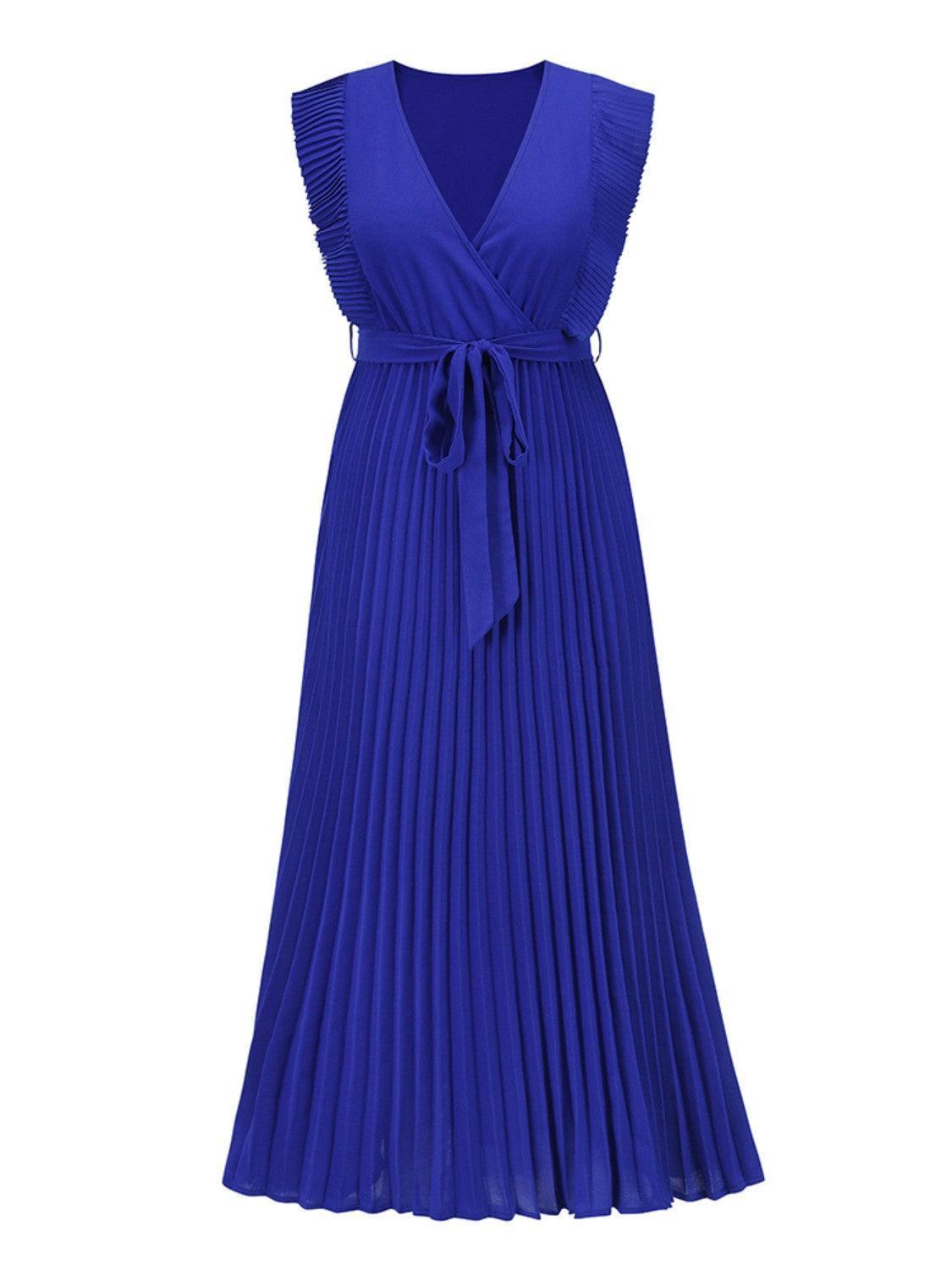 Tied Surplice Cap Sleeve Pleated Dress - ClubOn