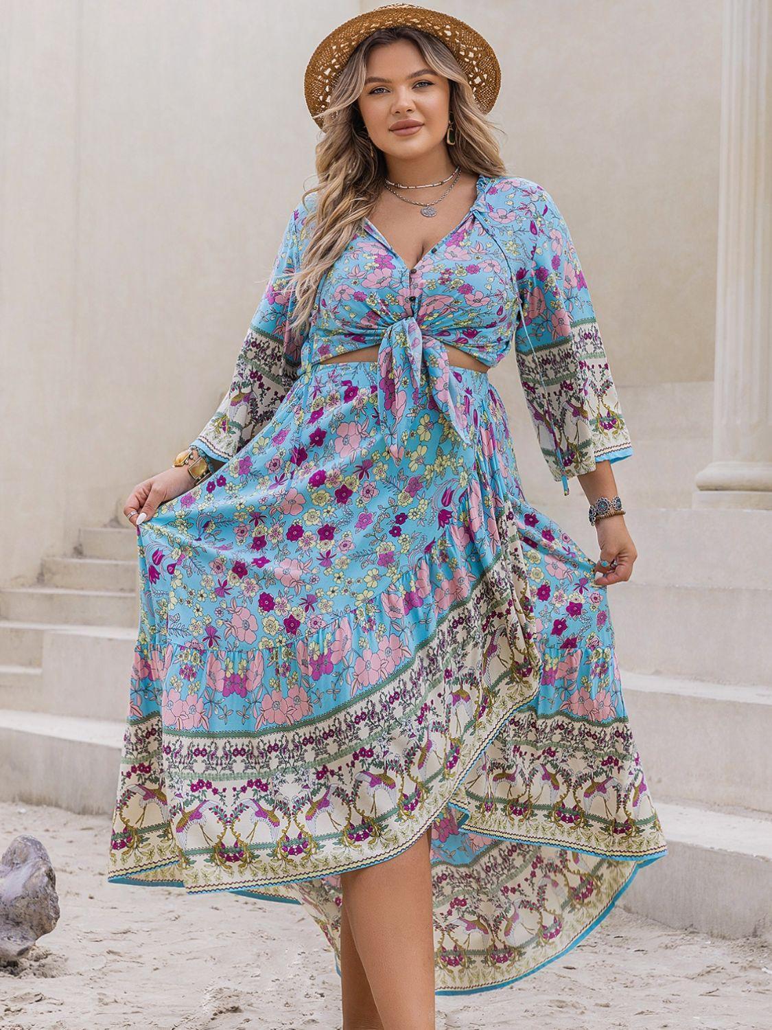 Plus Size Printed Tie Neck Top and Skirt Set - ClubOn