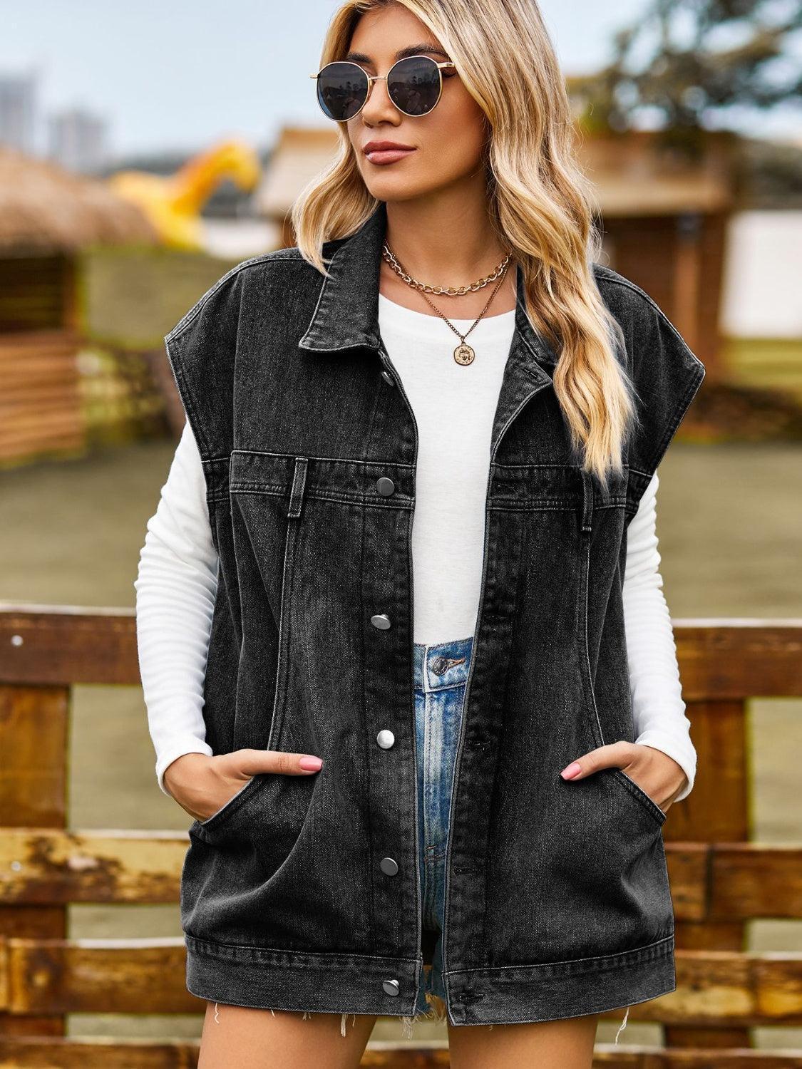 Button Up Collared Neck Sleeveless Denim Jacket - ClubOn