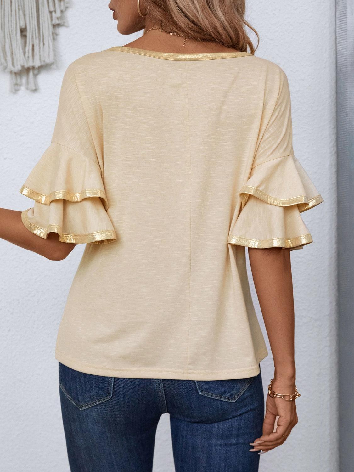 Round Neck Flounce Sleeve T-Shirt - ClubOn