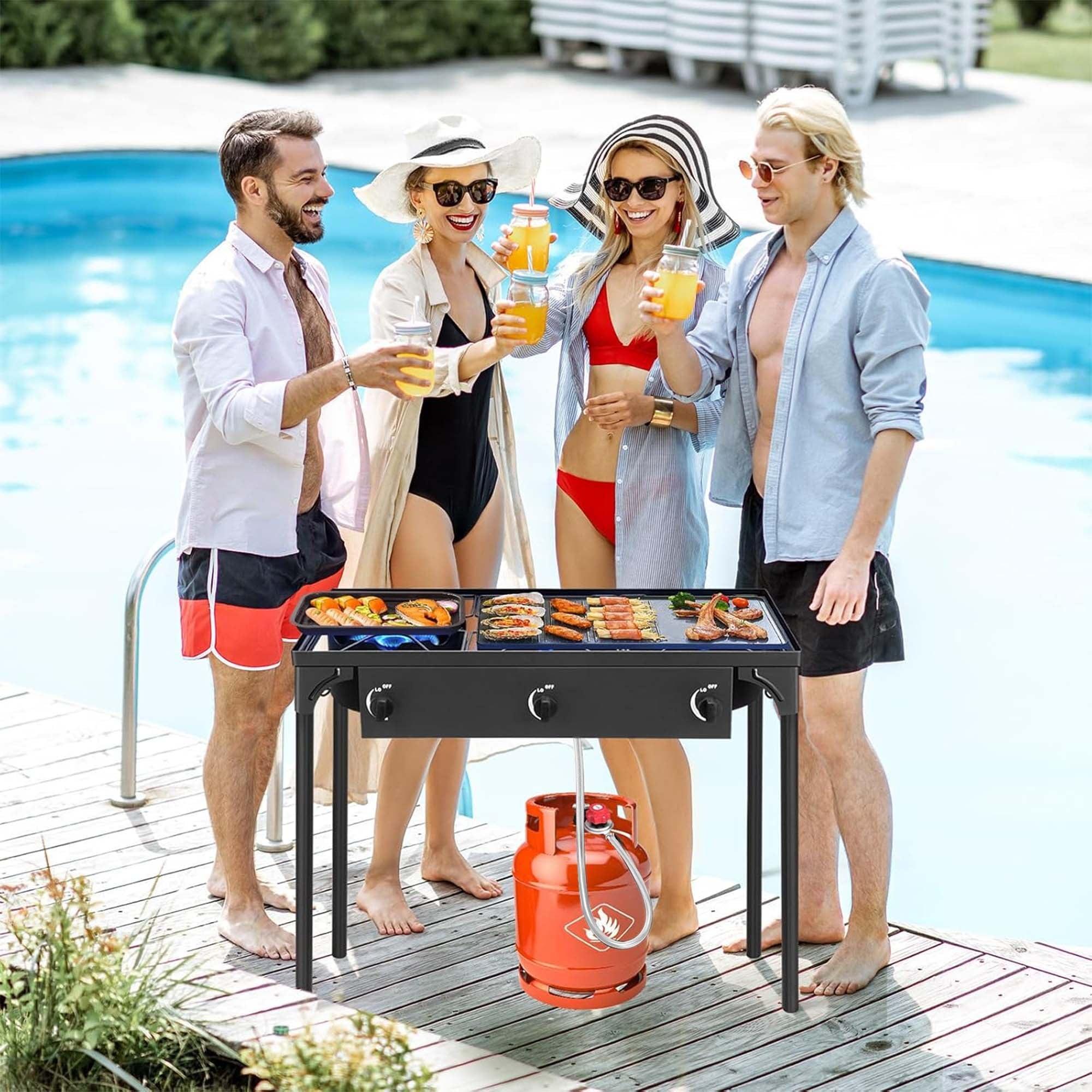 GVDV 3-Burner Propane Camping Stove, 225,000-BTU Gas Stove for BBQ, Heavy Duty, Black - ClubOn