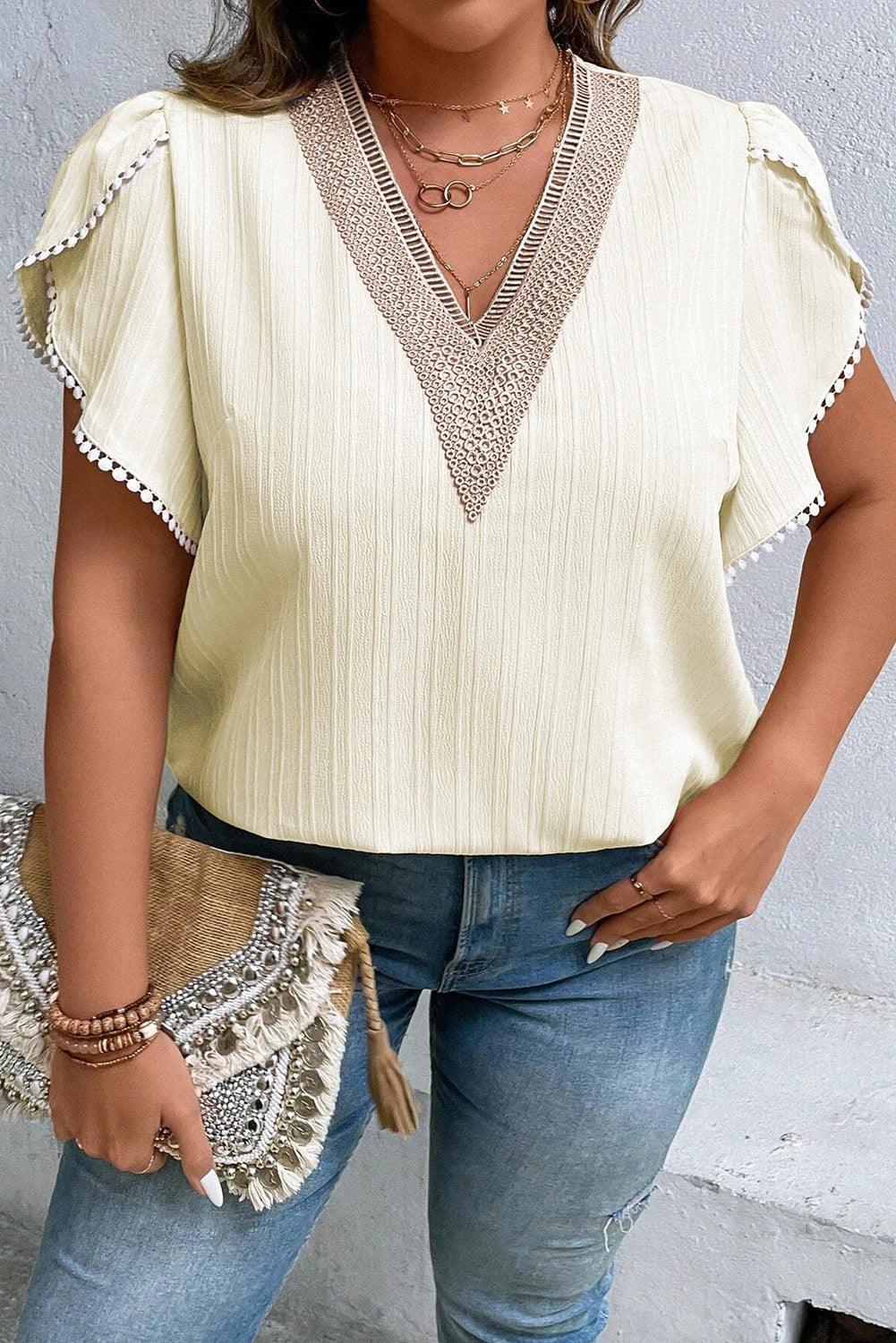 Plus Size V-Neck Petal Sleeve Blouse - ClubOn