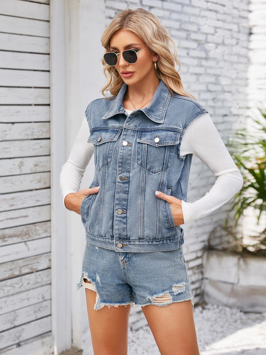 Button Up Cap Sleeve Denim Jacket - ClubOn
