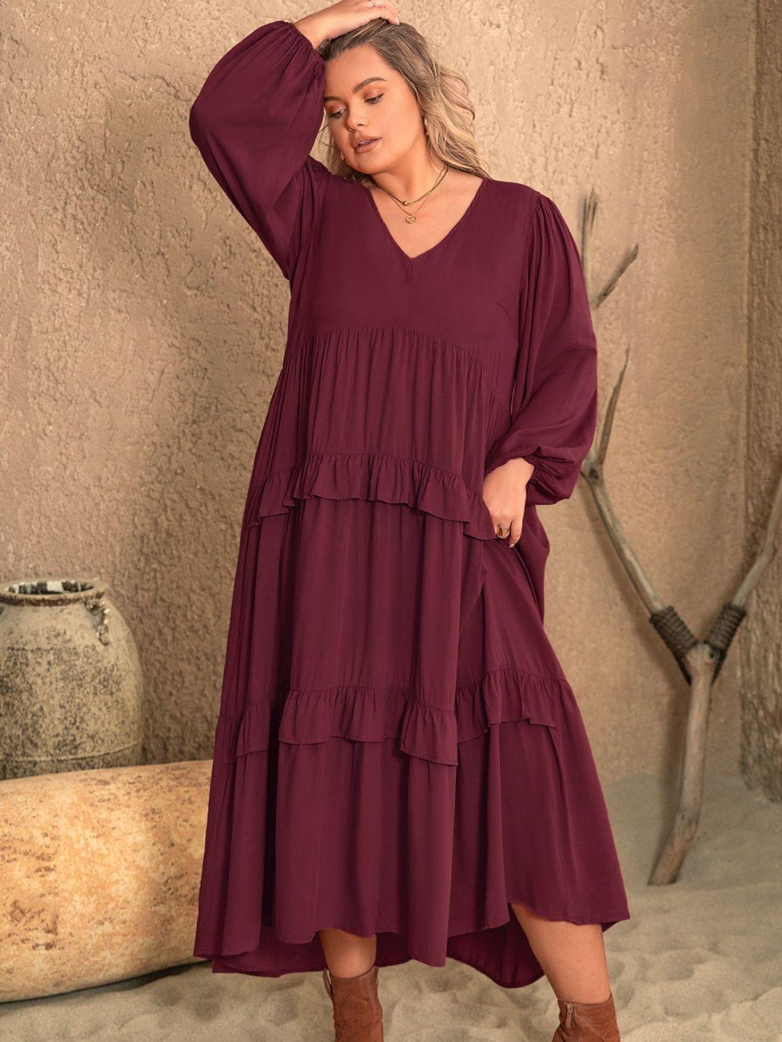 Plus Size Ruffled V-Neck Long Sleeve Dress - ClubOn