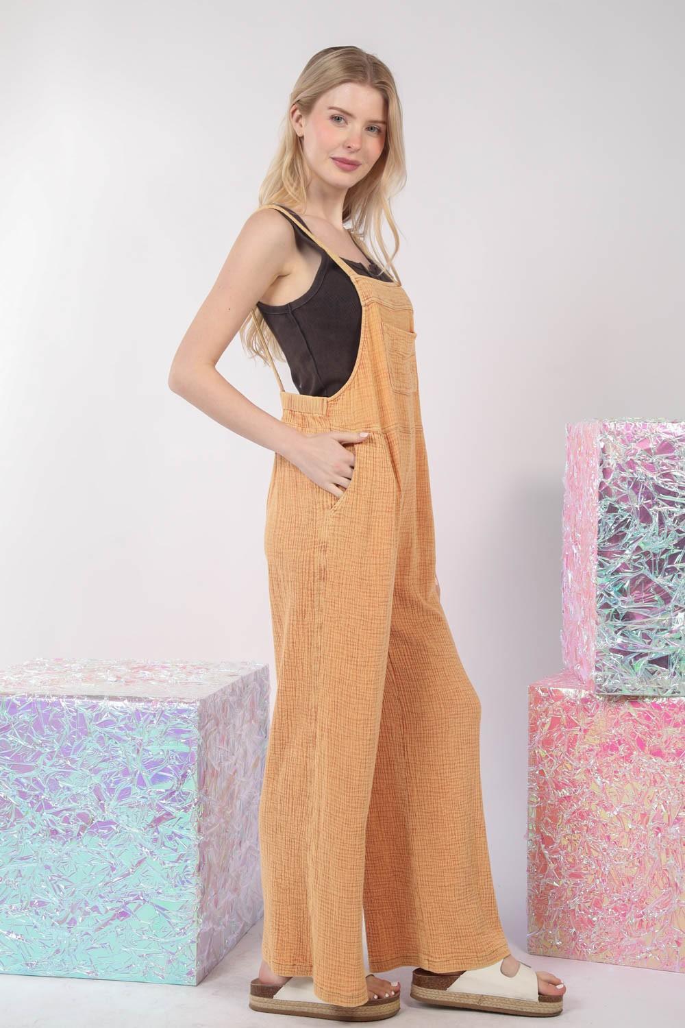 VERY J Texture Washed Wide Leg Overalls - ClubOn