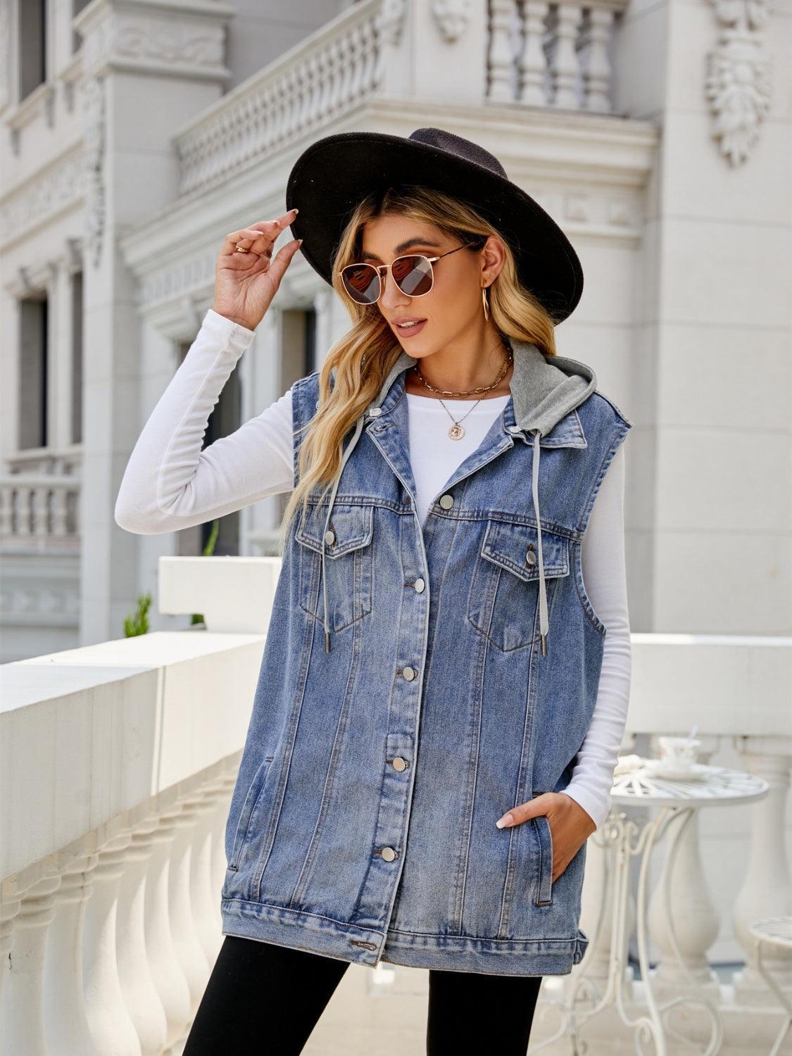 Drawstring Pocketed Button Up Sleeveless Denim Jacket - ClubOn