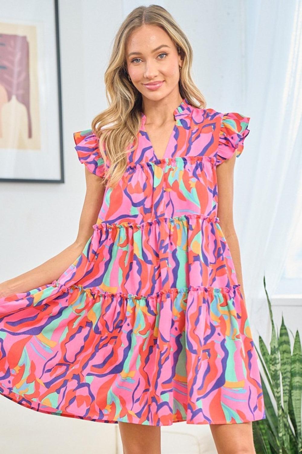 First Love Full Size Printed Ruffle Cap Sleeve Tiered Dress - ClubOn