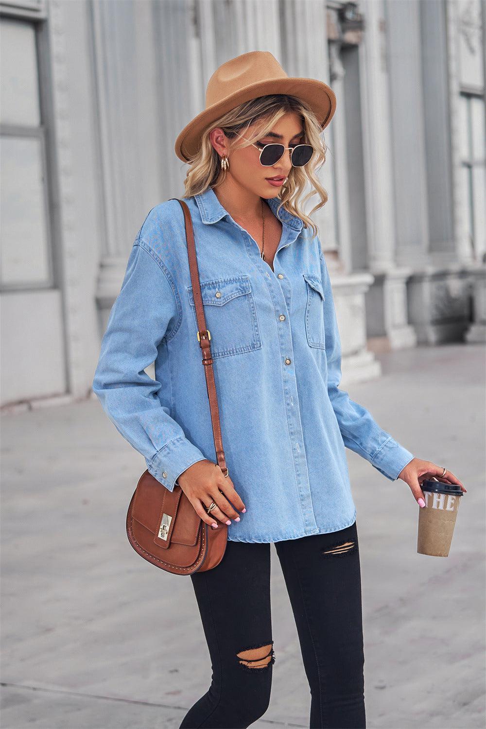 Collared Neck Dropped Shoulder Denim Top - ClubOn