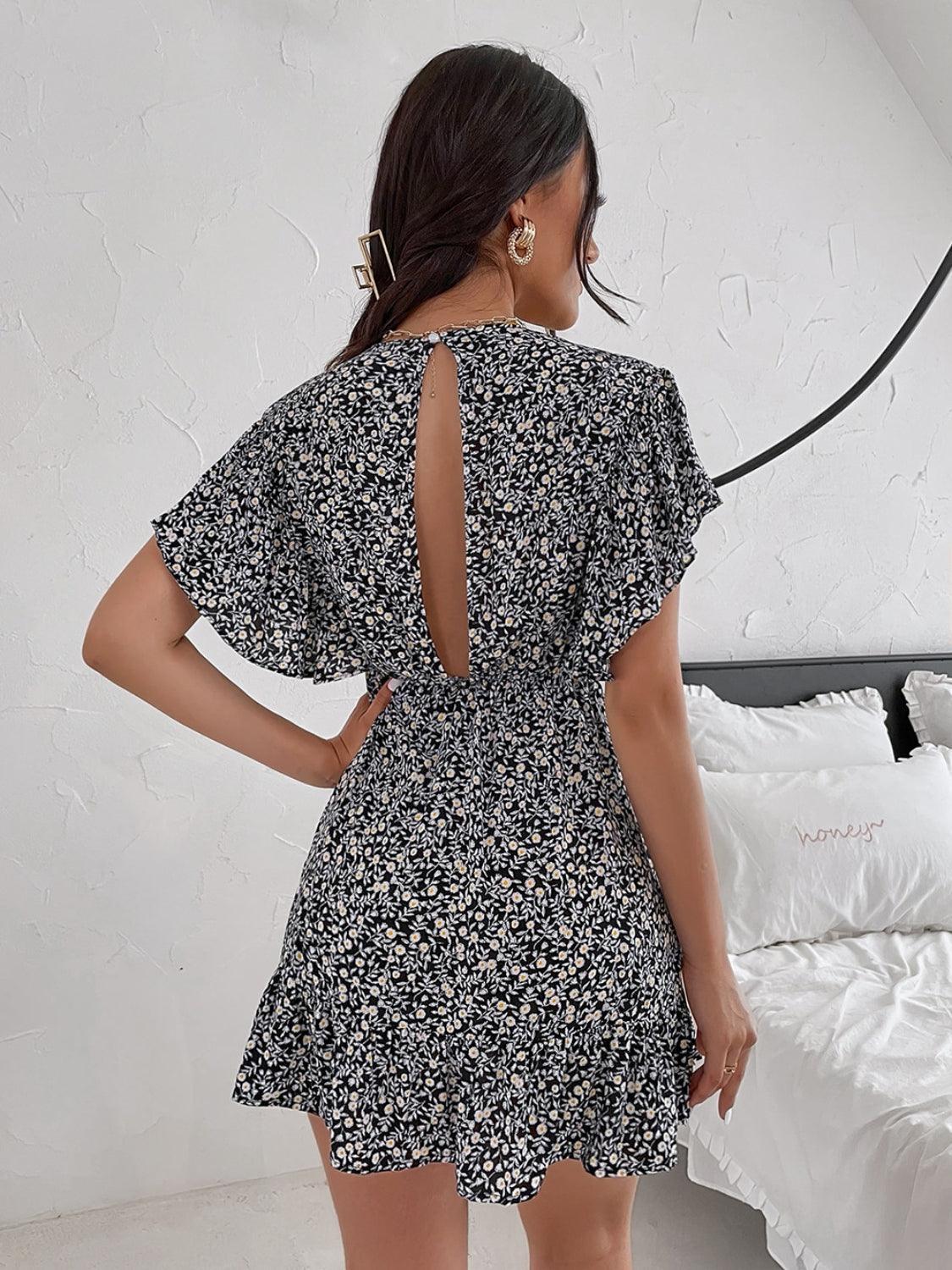 Cutout Ditsy Floral Surplice Flounce Sleeve Dress - ClubOn
