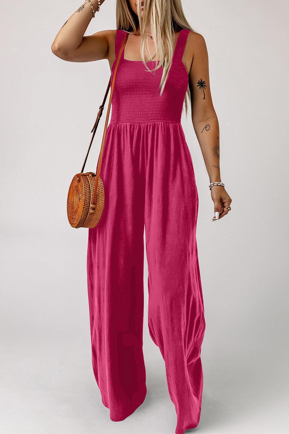 Smocked Square Neck Wide Leg Jumpsuit with Pockets - ClubOn