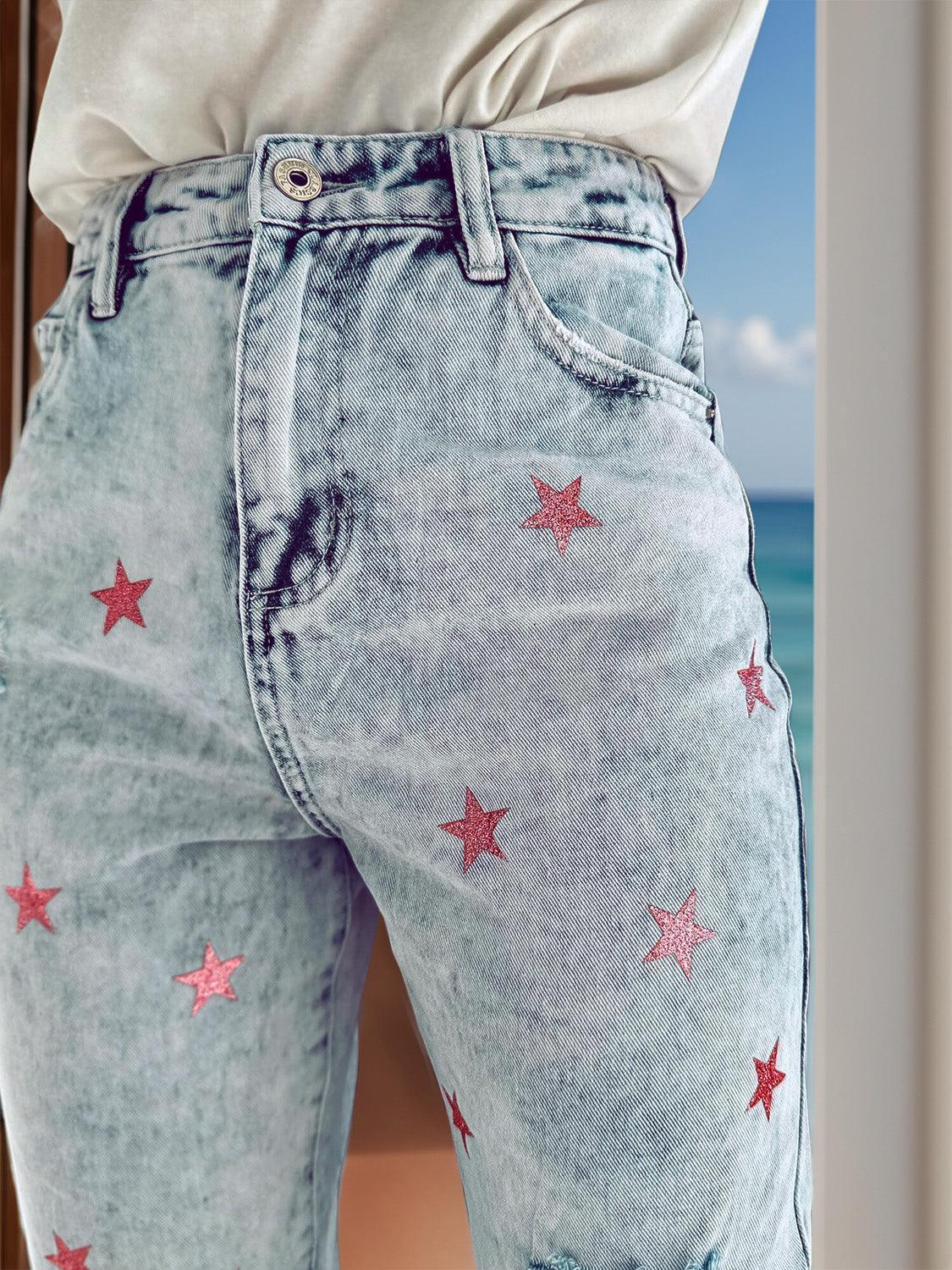 Distressed Star Jeans with Pockets - ClubOn
