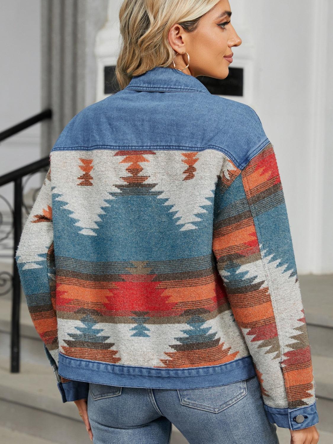 Geometric Button Up Long Sleeve Denim Jacket - ClubOn