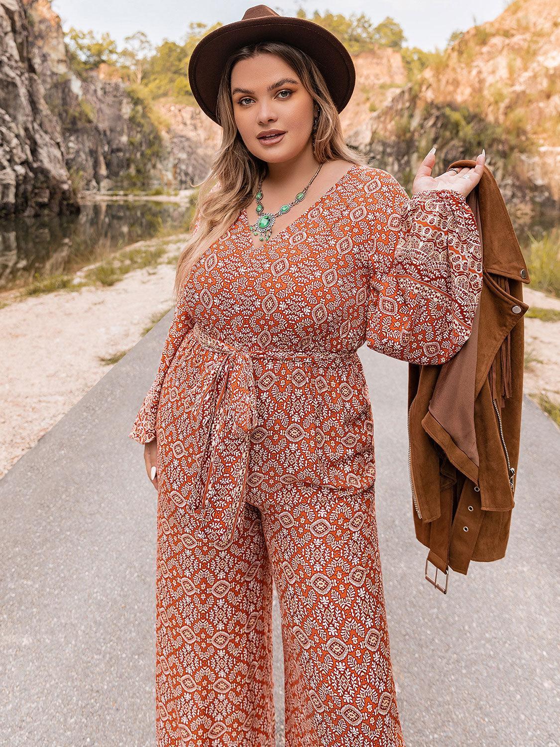 Plus Size Printed V-Neck Tie Front Balloon Sleeve Jumpsuit - ClubOn