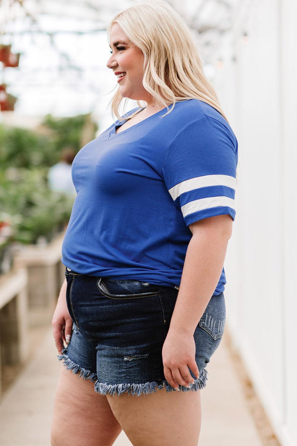 Plus Size Striped V-Neck Tee Shirt - ClubOn