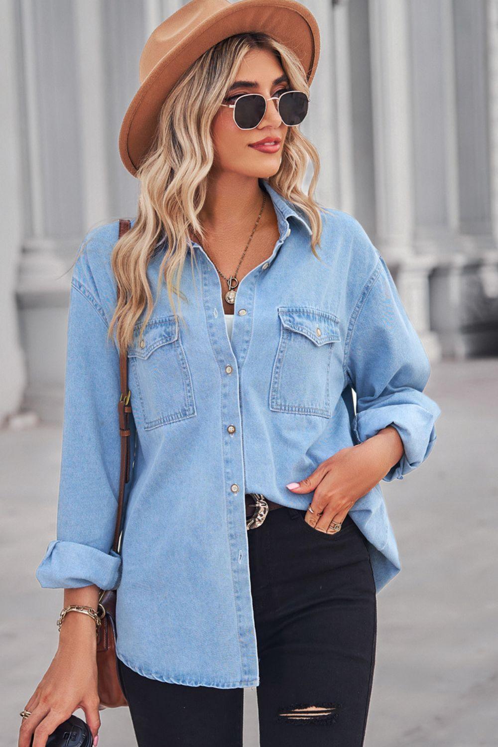 Collared Neck Dropped Shoulder Denim Top - ClubOn