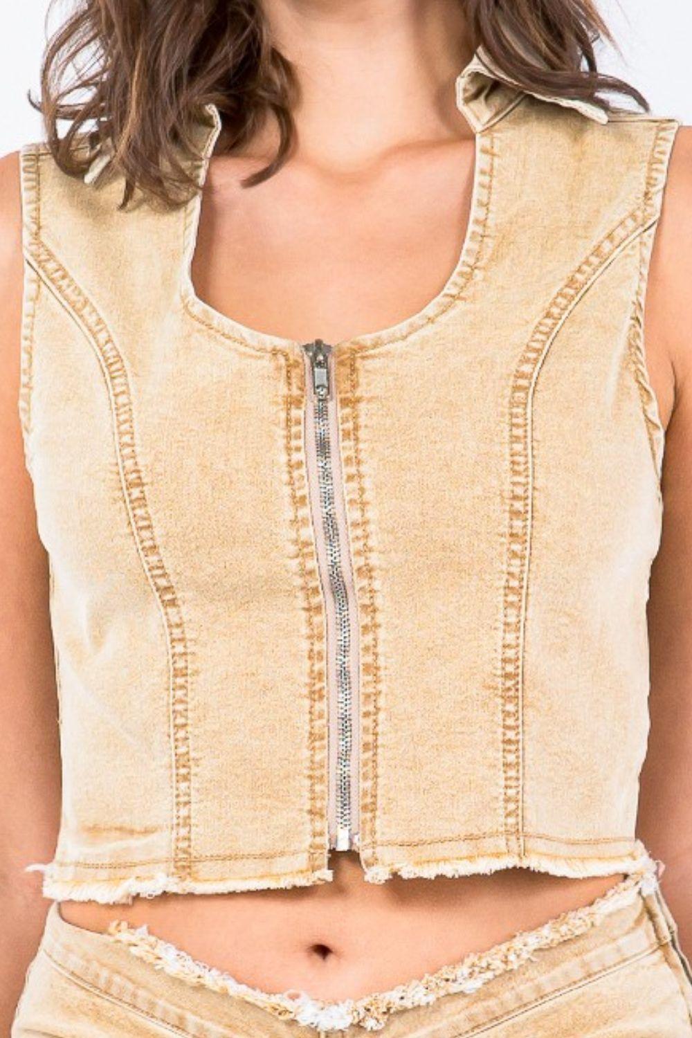 American Bazi Zip Up Washed Crop Denim Vest - ClubOn