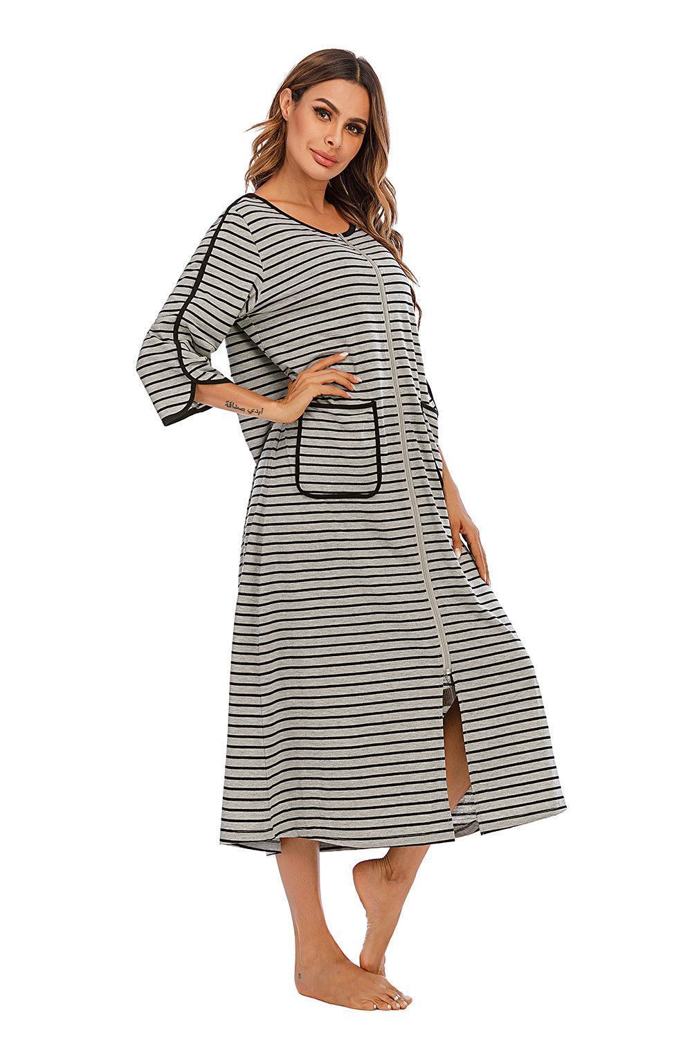 Round Neck Three-Quarter Sleeve Midi Night Dress - ClubOn