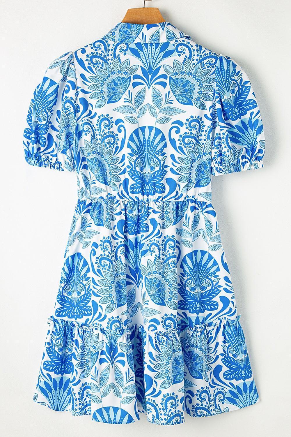 Tiered Printed Short Sleeve Mini Dress - ClubOn
