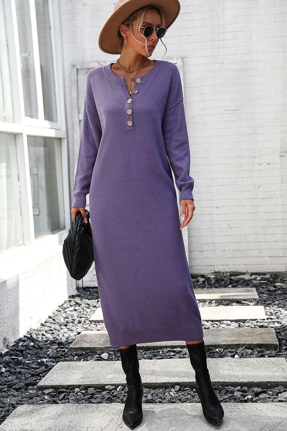 Decorative Button Notched Dropped Shoulder Sweater Dress - ClubOn