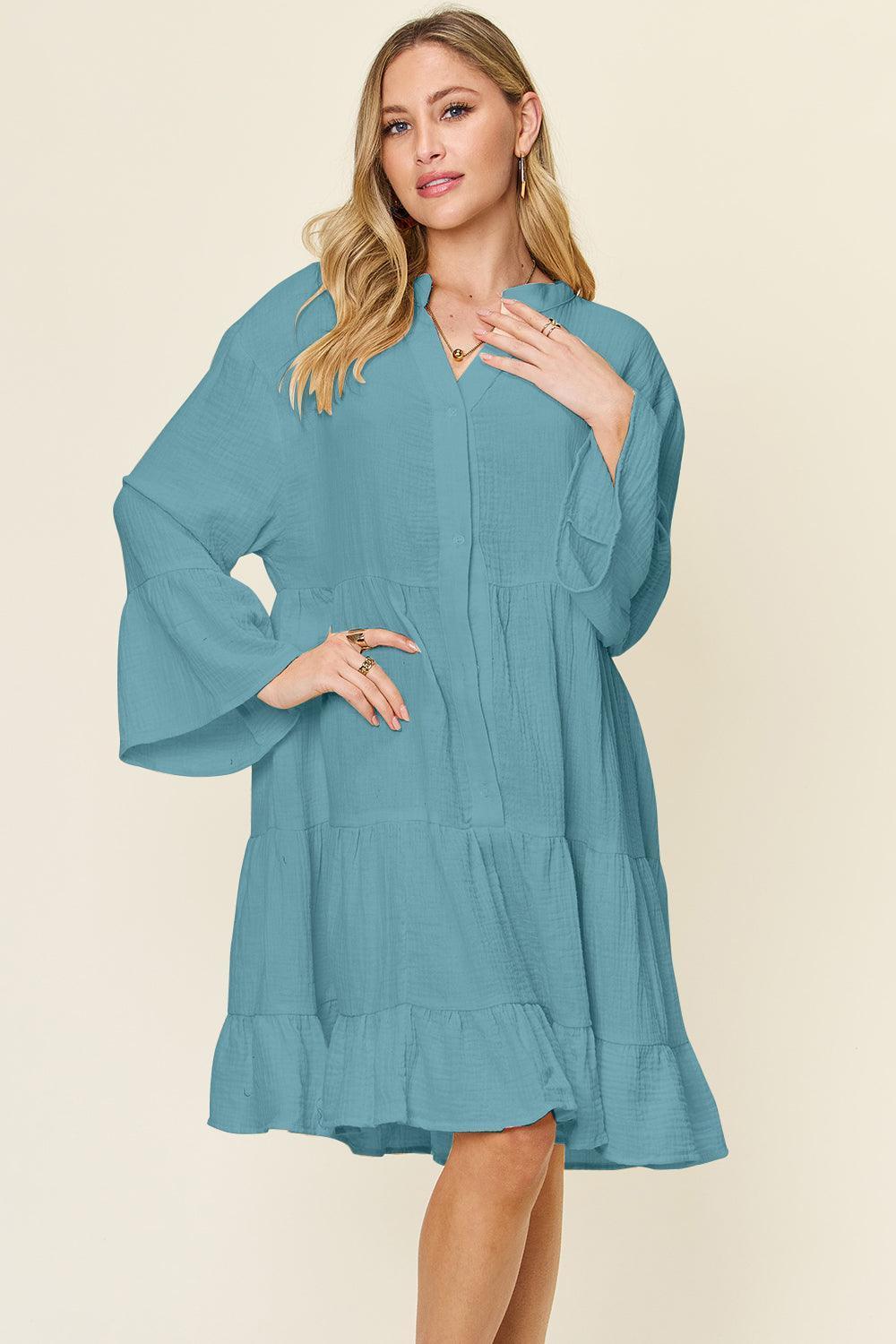 Double Take Full Size Texture Button Up Ruffle Hem Dress - ClubOn