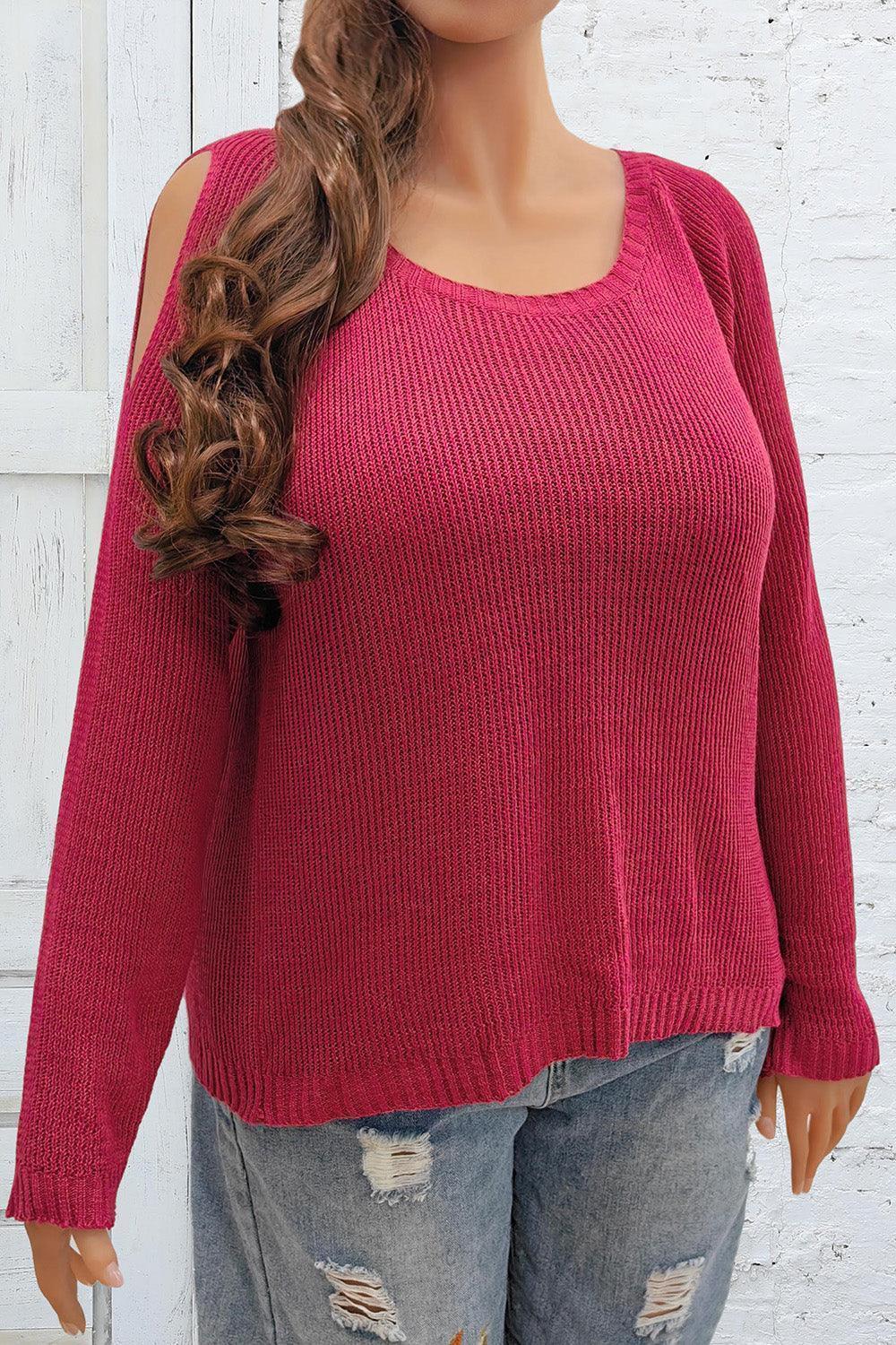 Plus Size Cold Shoulder Round Neck Sweater - ClubOn