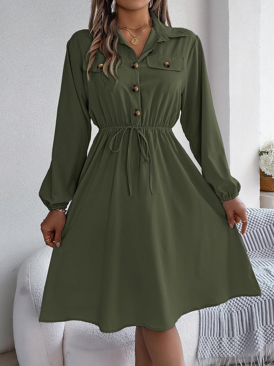 Collared Neck Long Sleeve Dress with Pockets - ClubOn