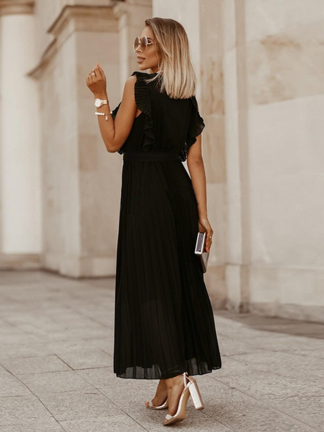 Tied Surplice Cap Sleeve Pleated Dress - ClubOn