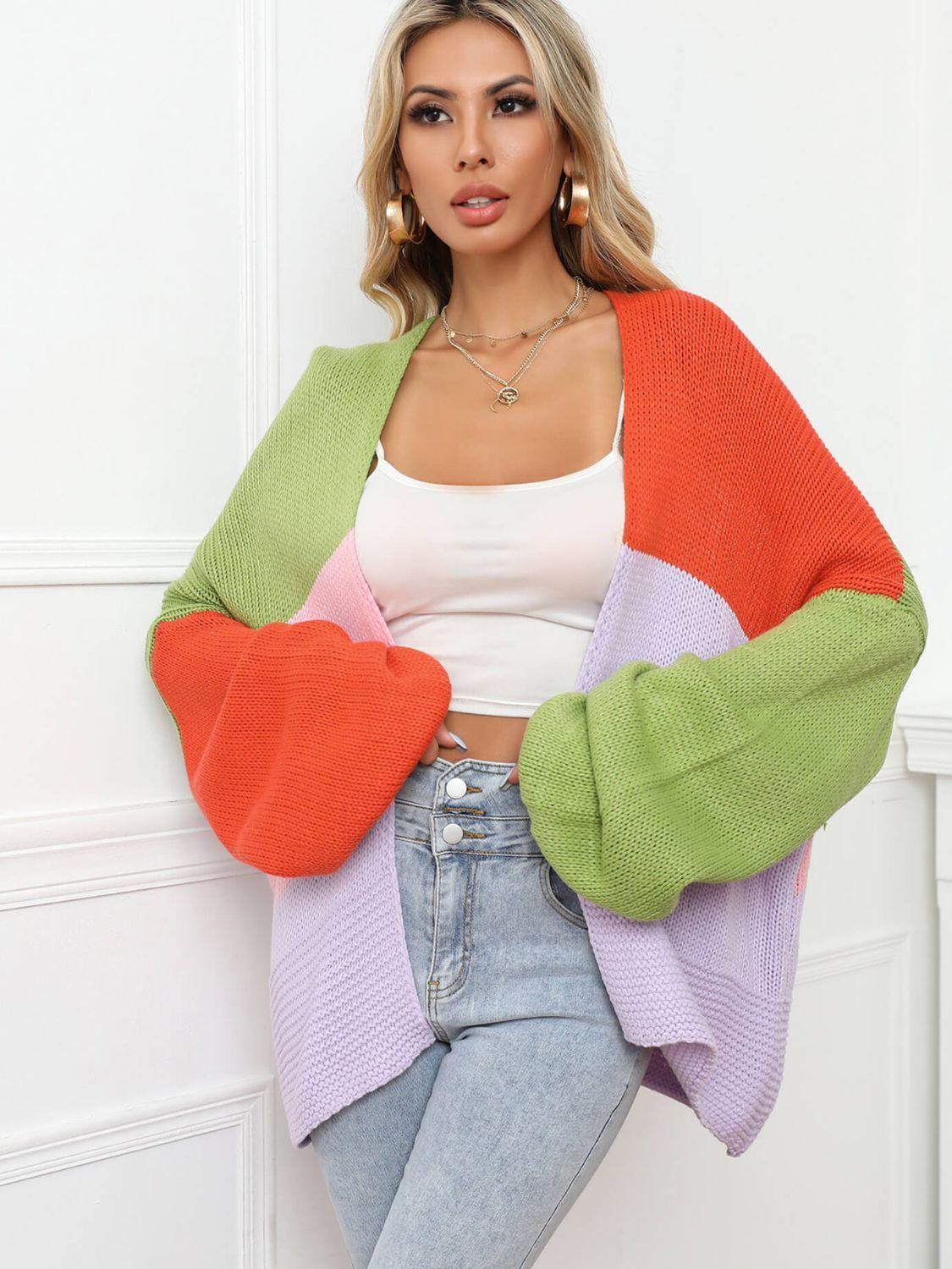 Angel Wings Color Block Open Front Balloon Sleeve Longline Cardigan - ClubOn