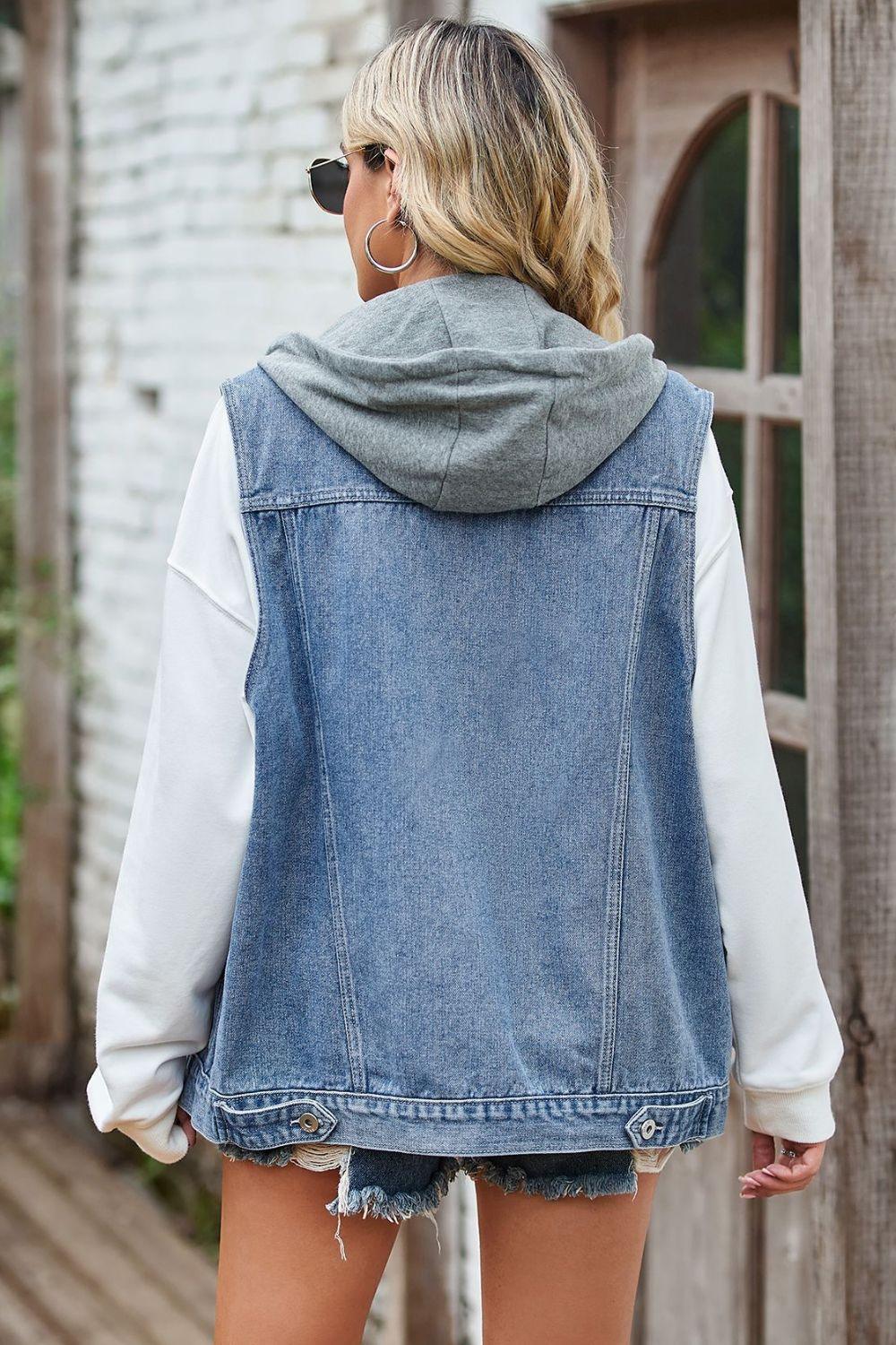 Sleeveless Denim Top with A Detachable Hood - ClubOn