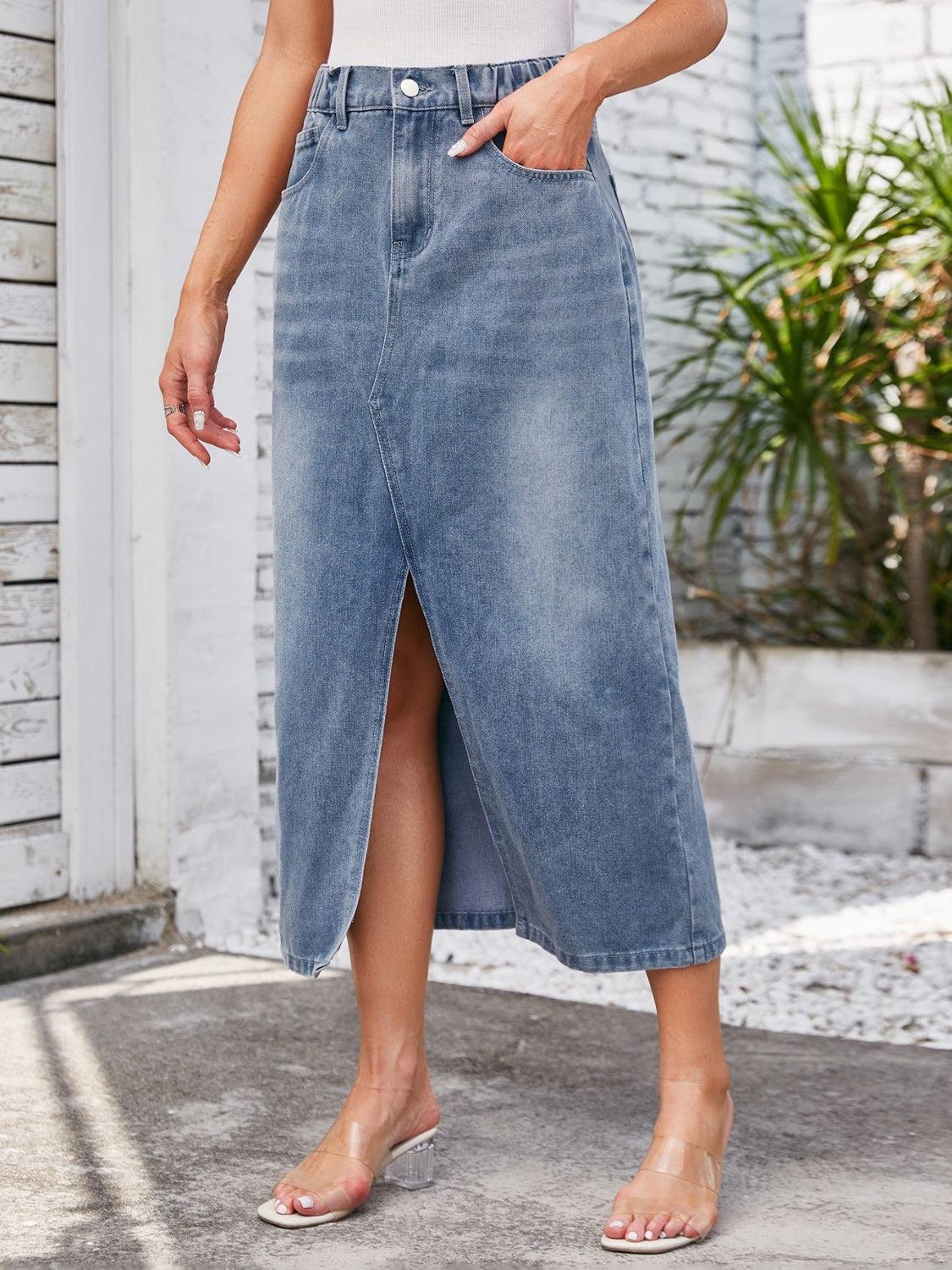 Slit Midi Denim Skirt with Pockets - ClubOn