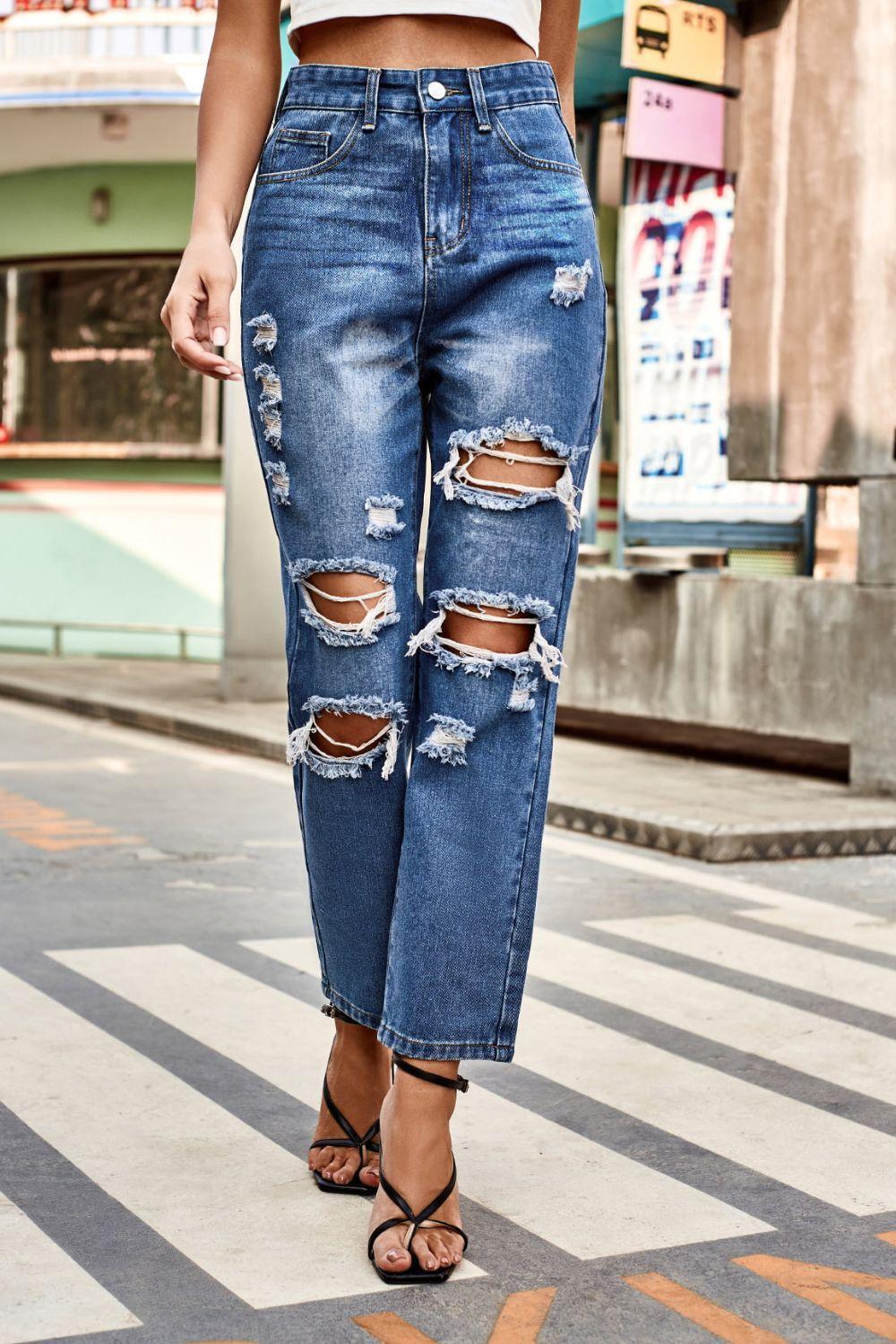 Distressed High Waist Straight Jeans - ClubOn