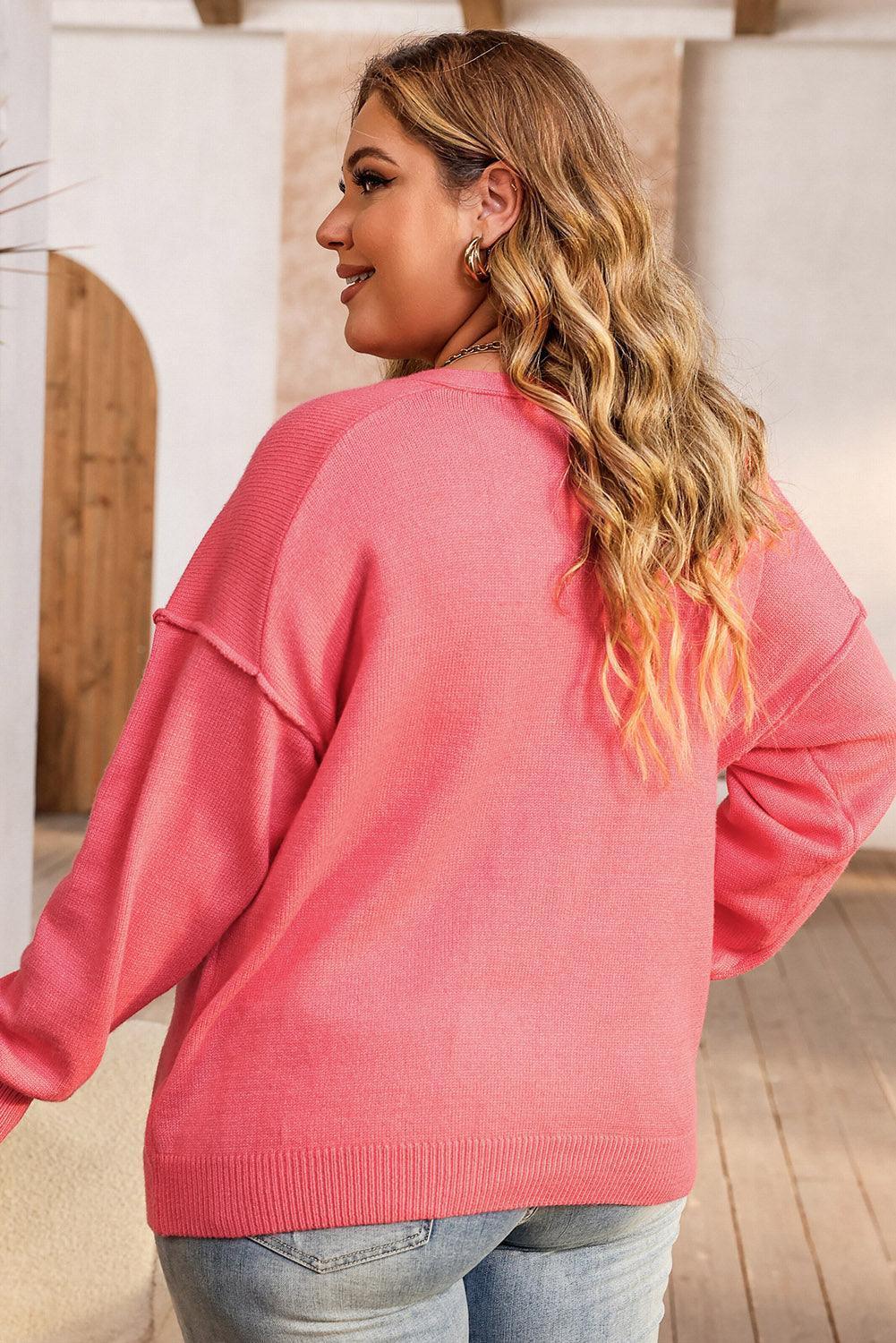 Plus Size V-Neck Dropped Shoulder Sweater - ClubOn