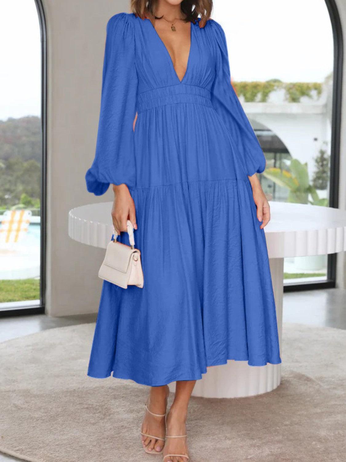 Deep V-Neck Balloon Sleeve Plain Maxi Dress - ClubOn