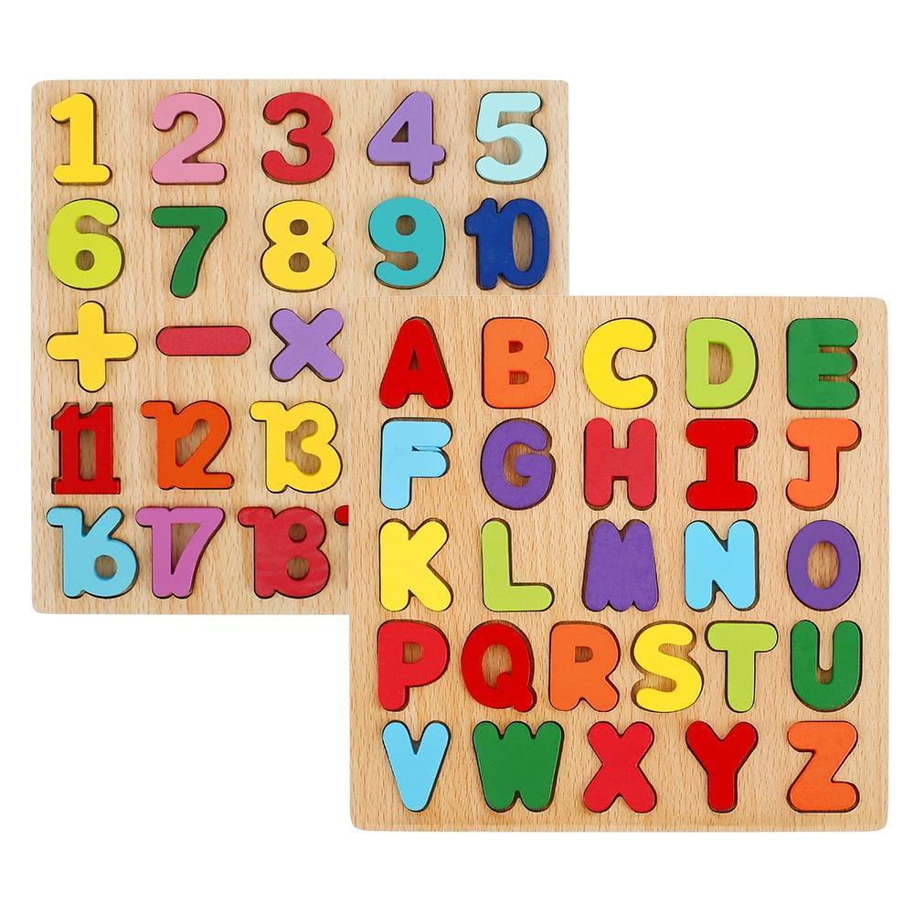 2PCS Wooden Alphabet Puzzles Set, 3D ABC Letter, Number & Shape Puzzle Set, Educational Puzzle Board for Kids - ClubOn