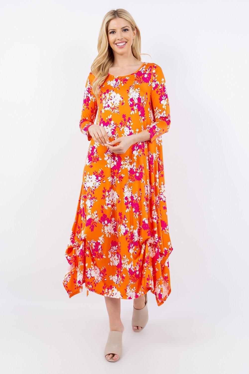 Celeste Full Size Pick-Up Hem Asymmetric Floral Midi Dress - ClubOn