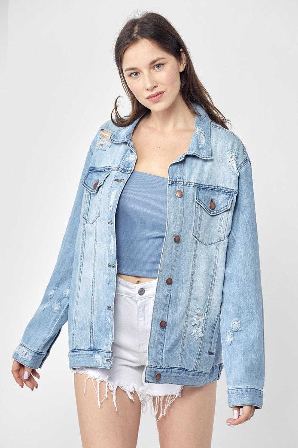 RISEN Full Size Distressed Long Sleeve Denim Jacket - ClubOn