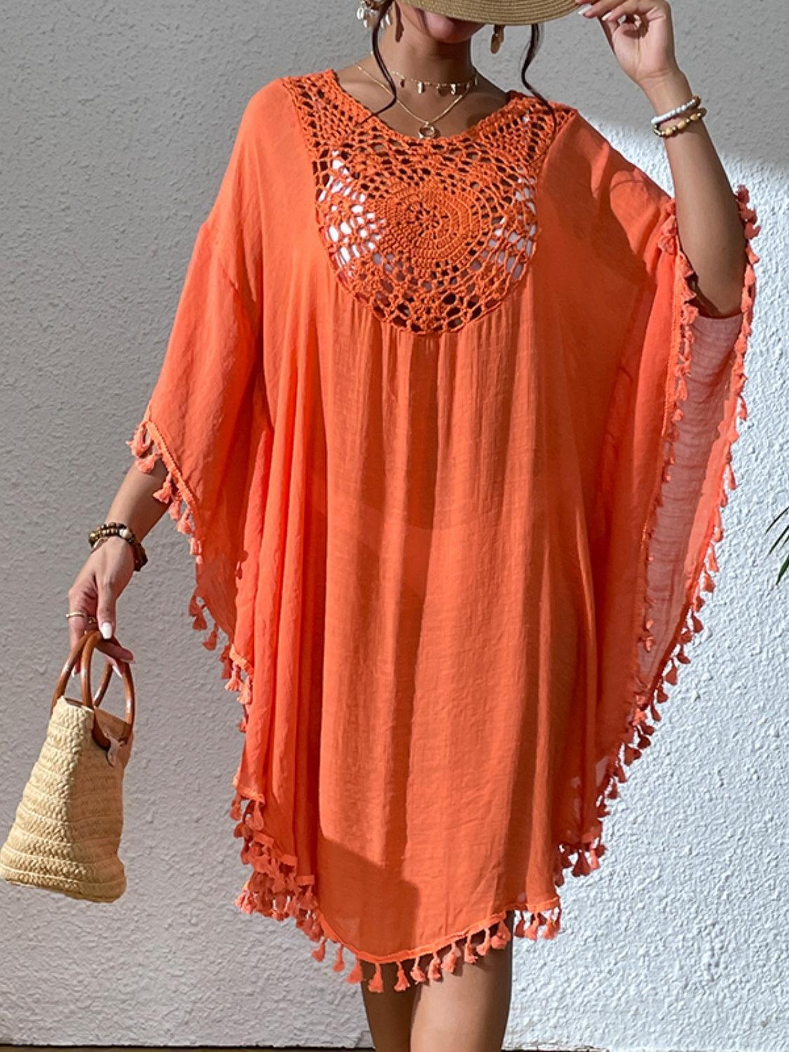 Tassel Cutout Scoop Neck Cover-Up Dress - ClubOn