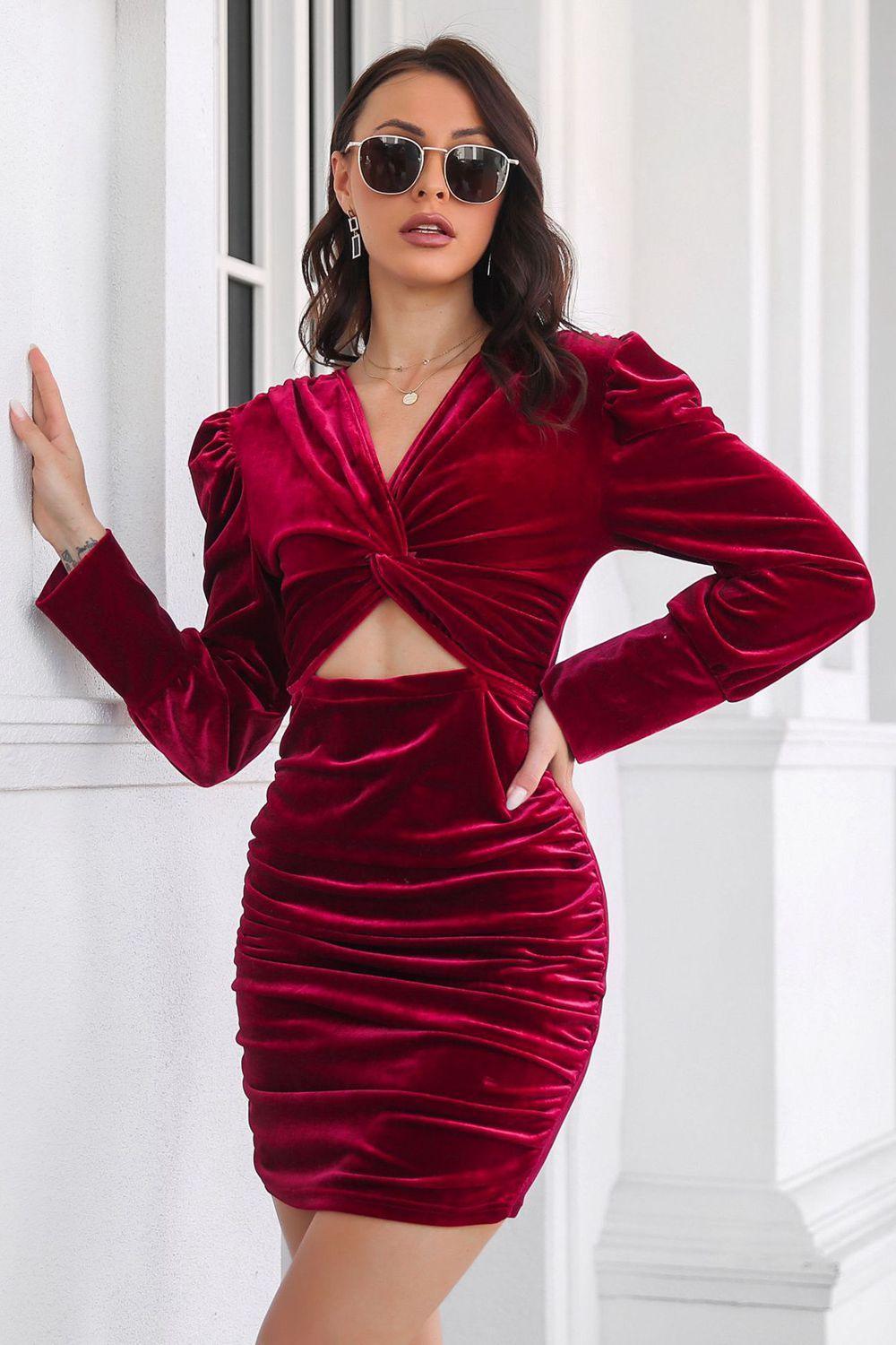 Twist Front Cutout Long Sleeve Dress - ClubOn