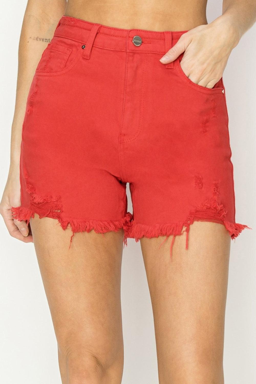 RISEN High Rise Distressed Denim Shorts - ClubOn