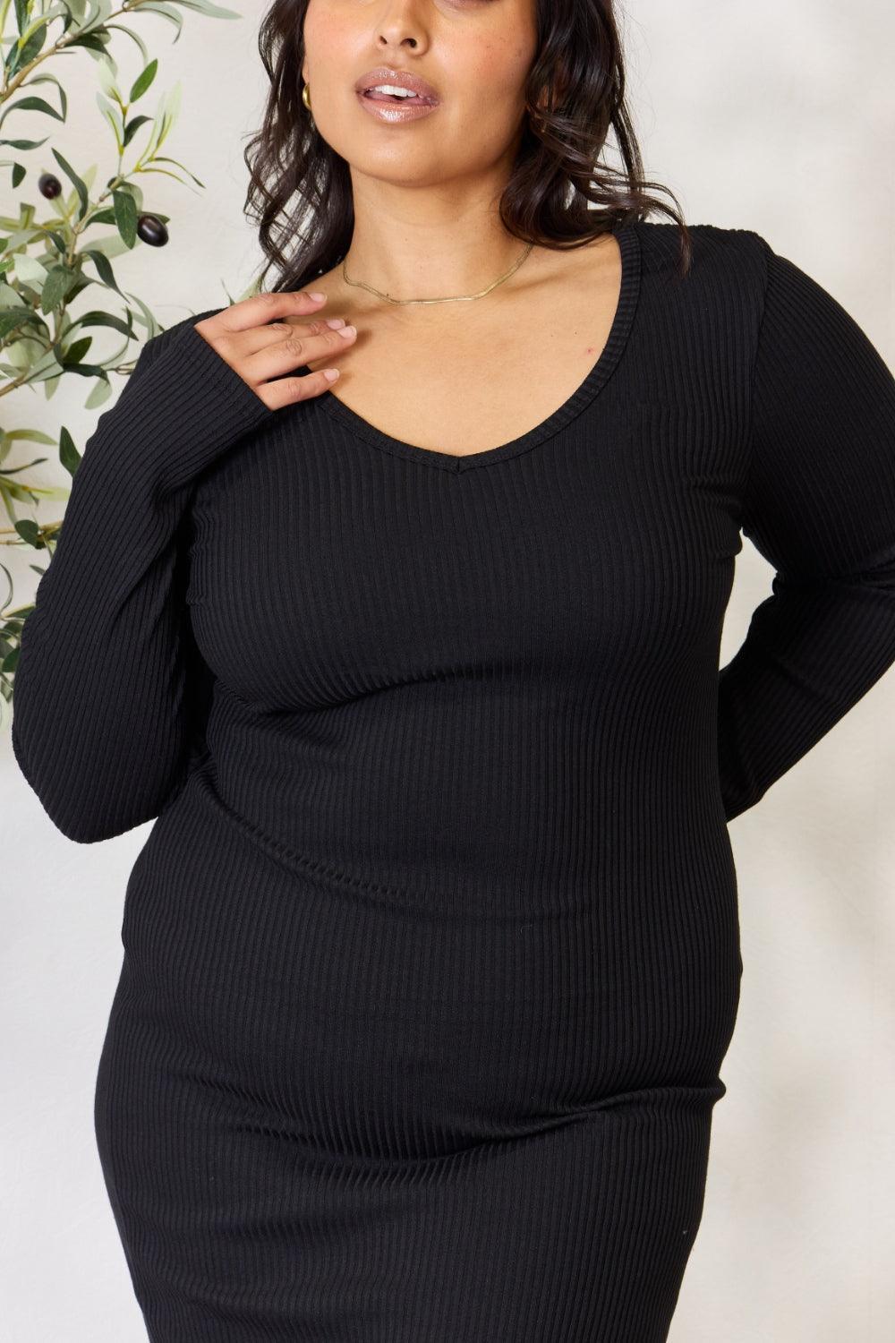 Culture Code Full Size Ribbed Long Sleeve Midi Slit Dress - ClubOn