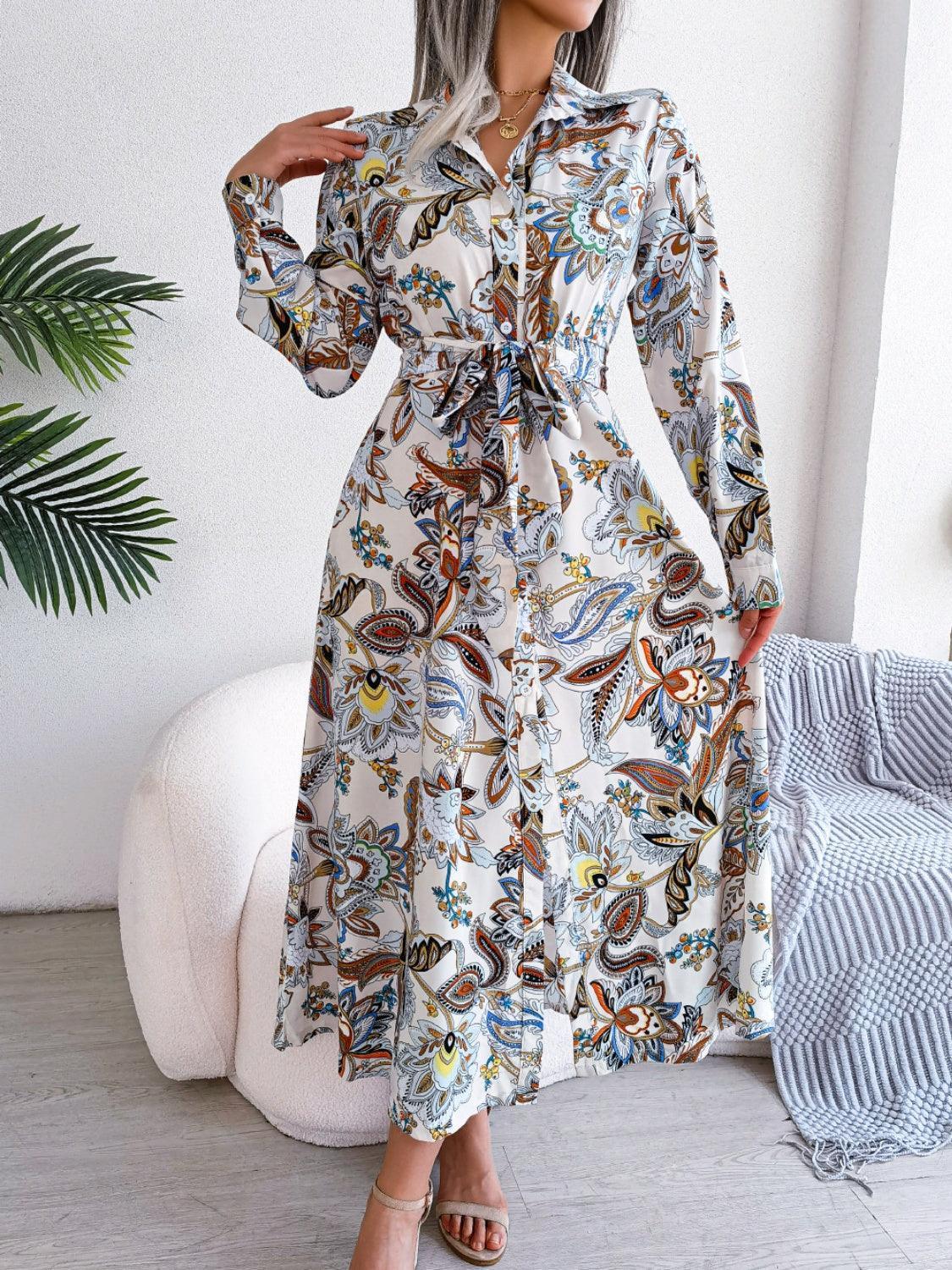 Tied Printed Long Sleeve Midi Dress - ClubOn