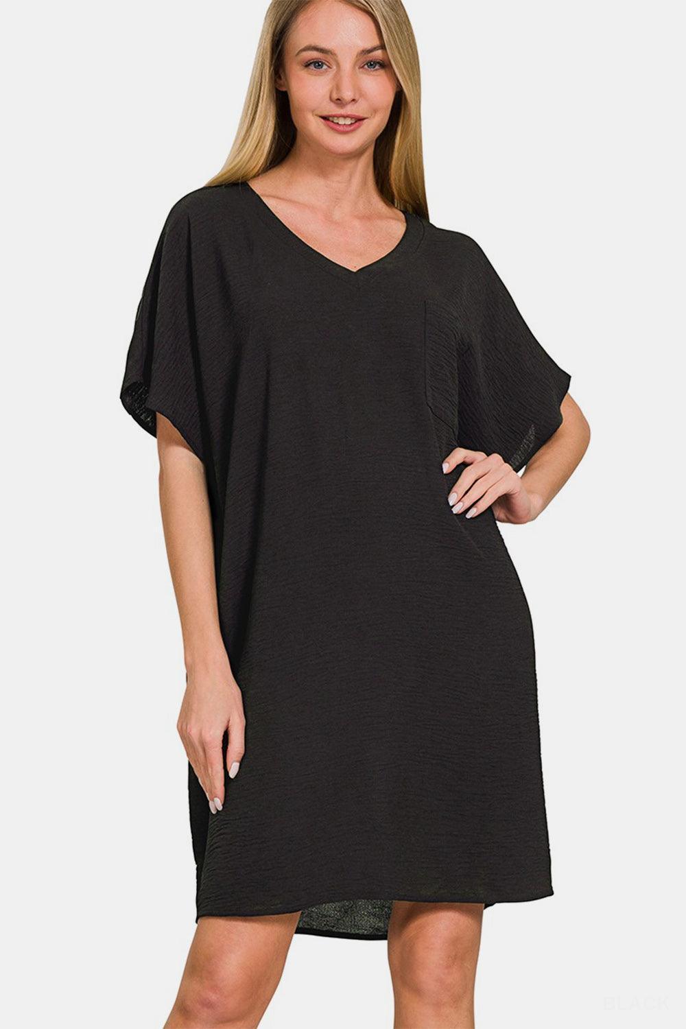 Zenana V-Neck Tee Dress with Pockets - ClubOn