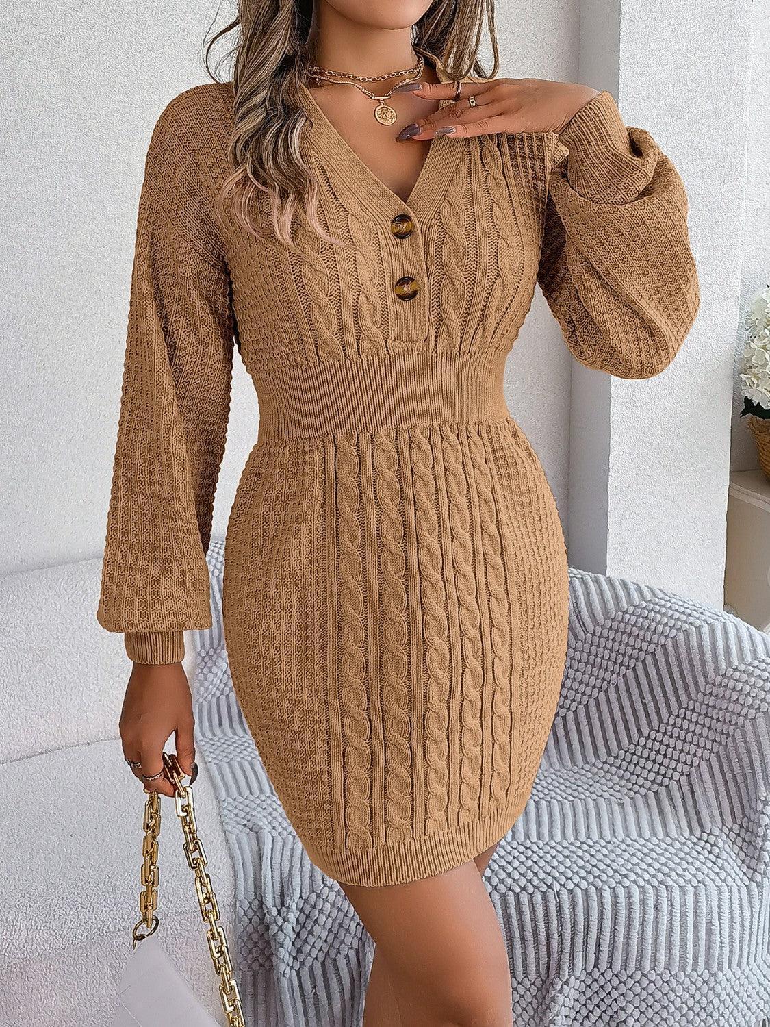 Buttoned Cable-Knit V-Neck Sweater Dress - ClubOn