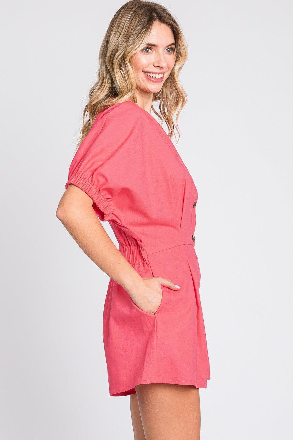 GeeGee Half Button V-Neck Linen Romper - ClubOn